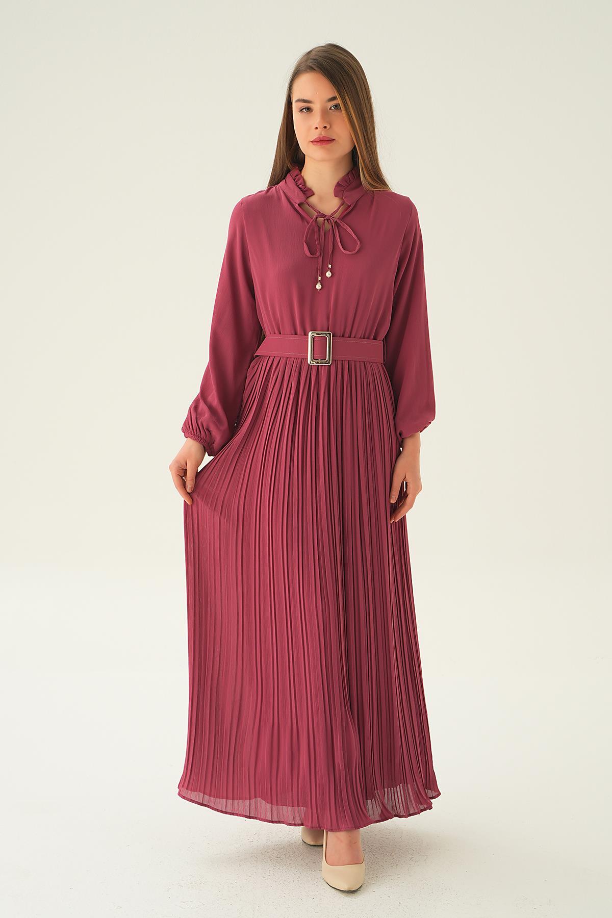 2641 Pliseli Uzun Elbise Gül - 1