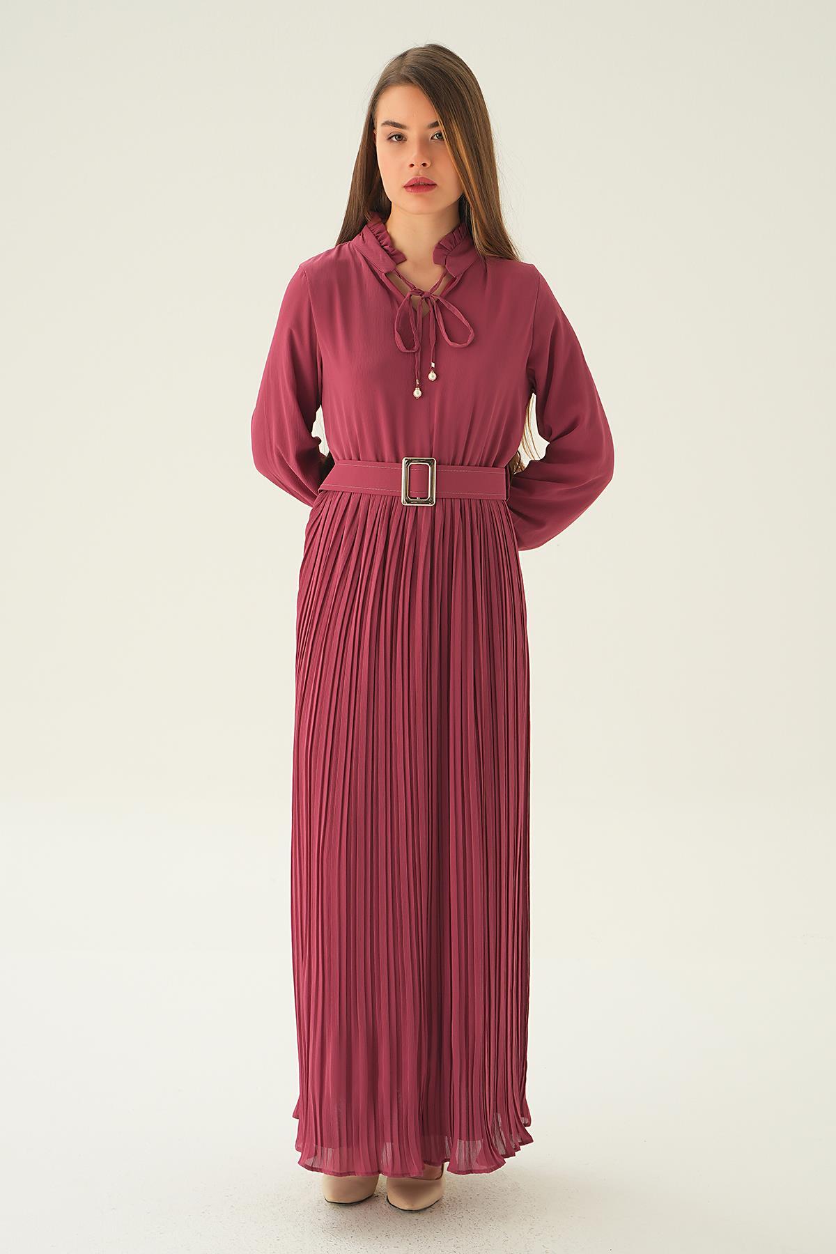 2641 Pliseli Uzun Elbise Gül - 4