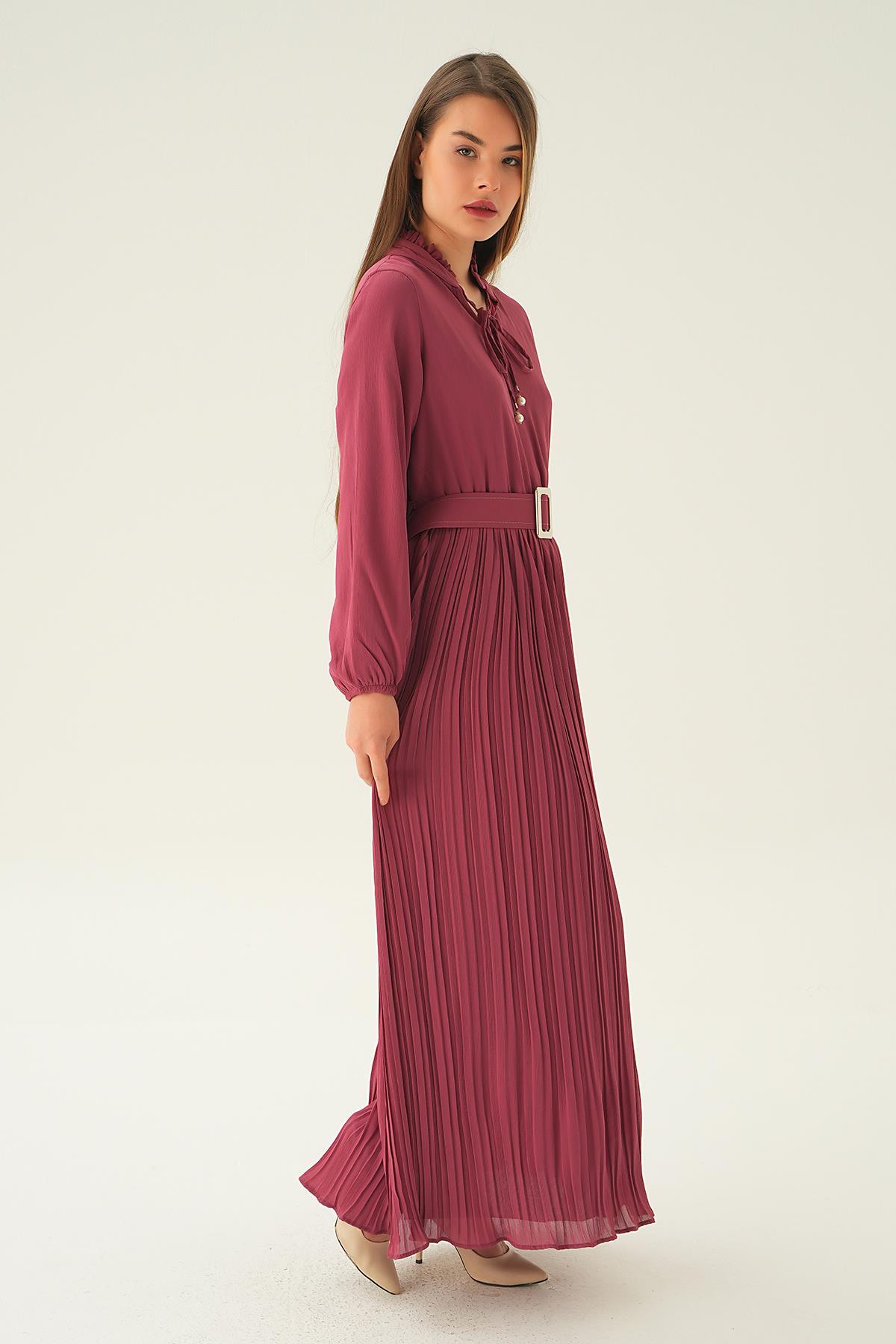 2641 Pliseli Uzun Elbise Gül - 5