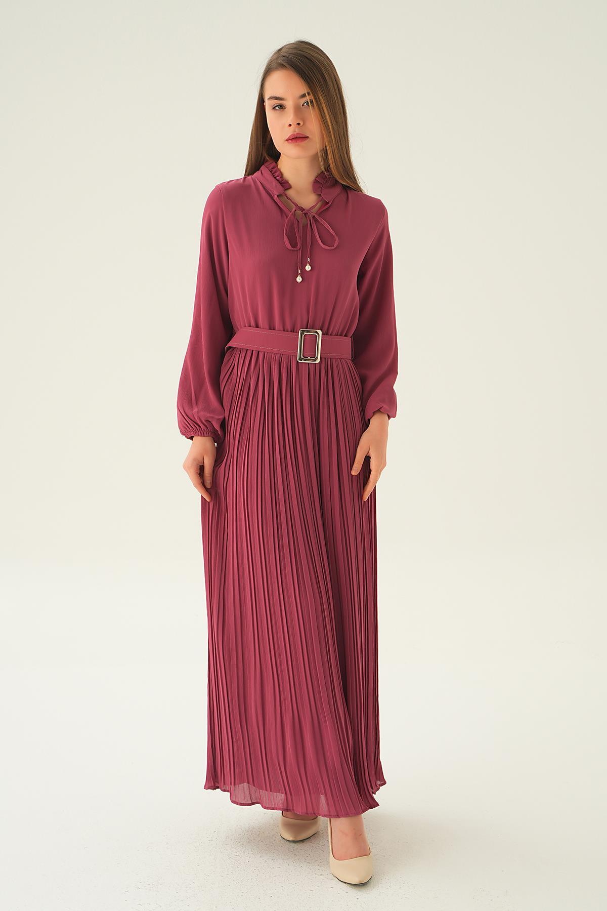 2641 Pliseli Uzun Elbise Gül - 2