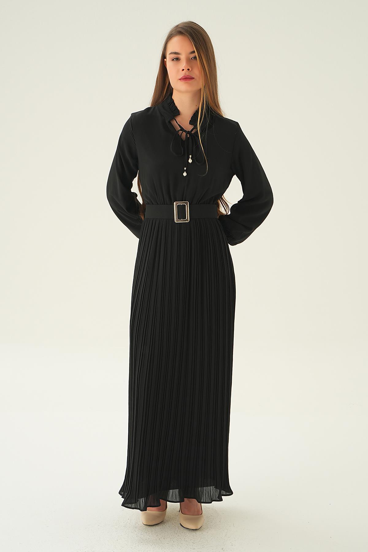 2641 Pliseli Uzun Elbise Siyah - 2