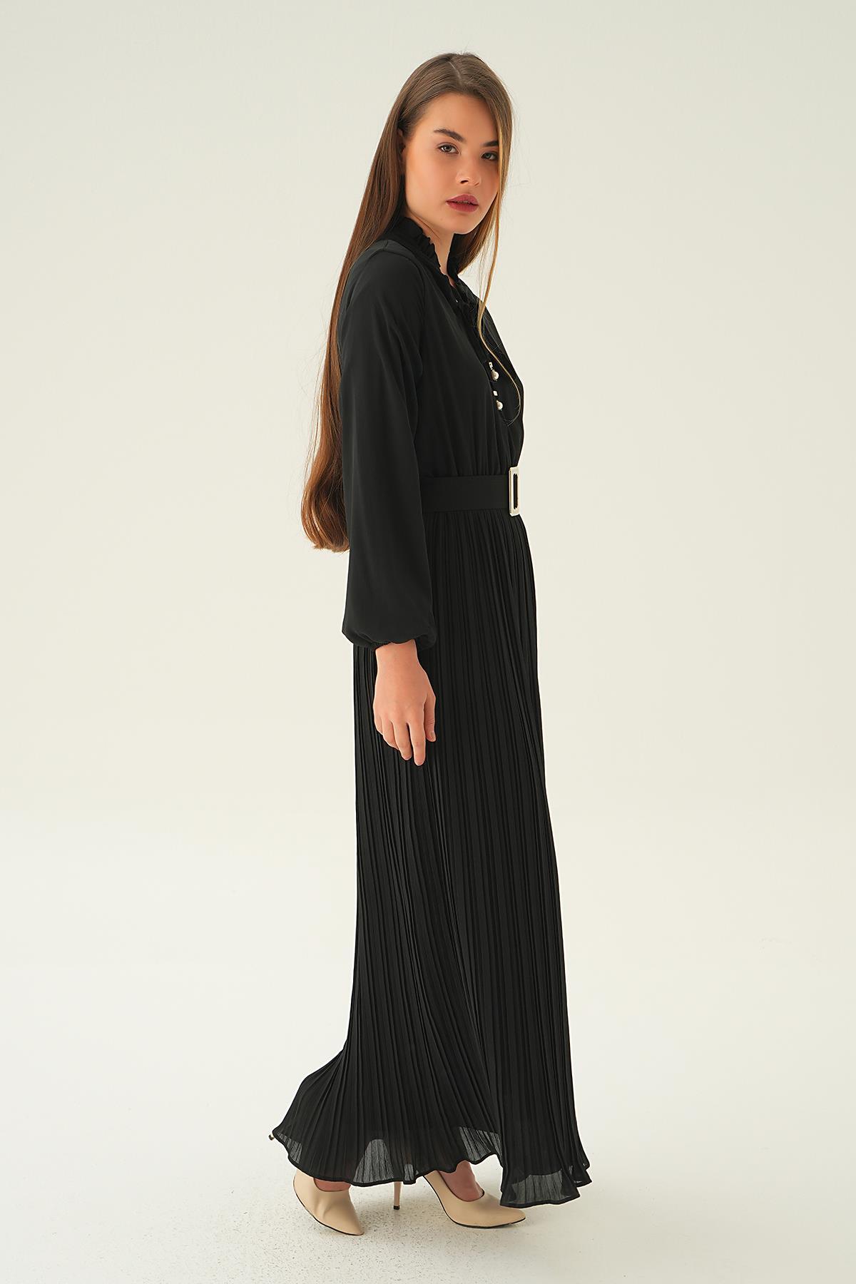 2641 Pliseli Uzun Elbise Siyah - 3