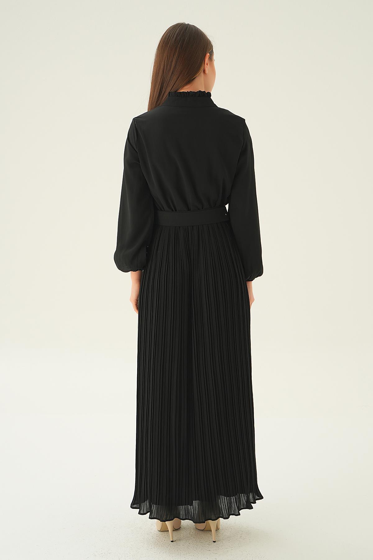 2641 Pliseli Uzun Elbise Siyah - 4