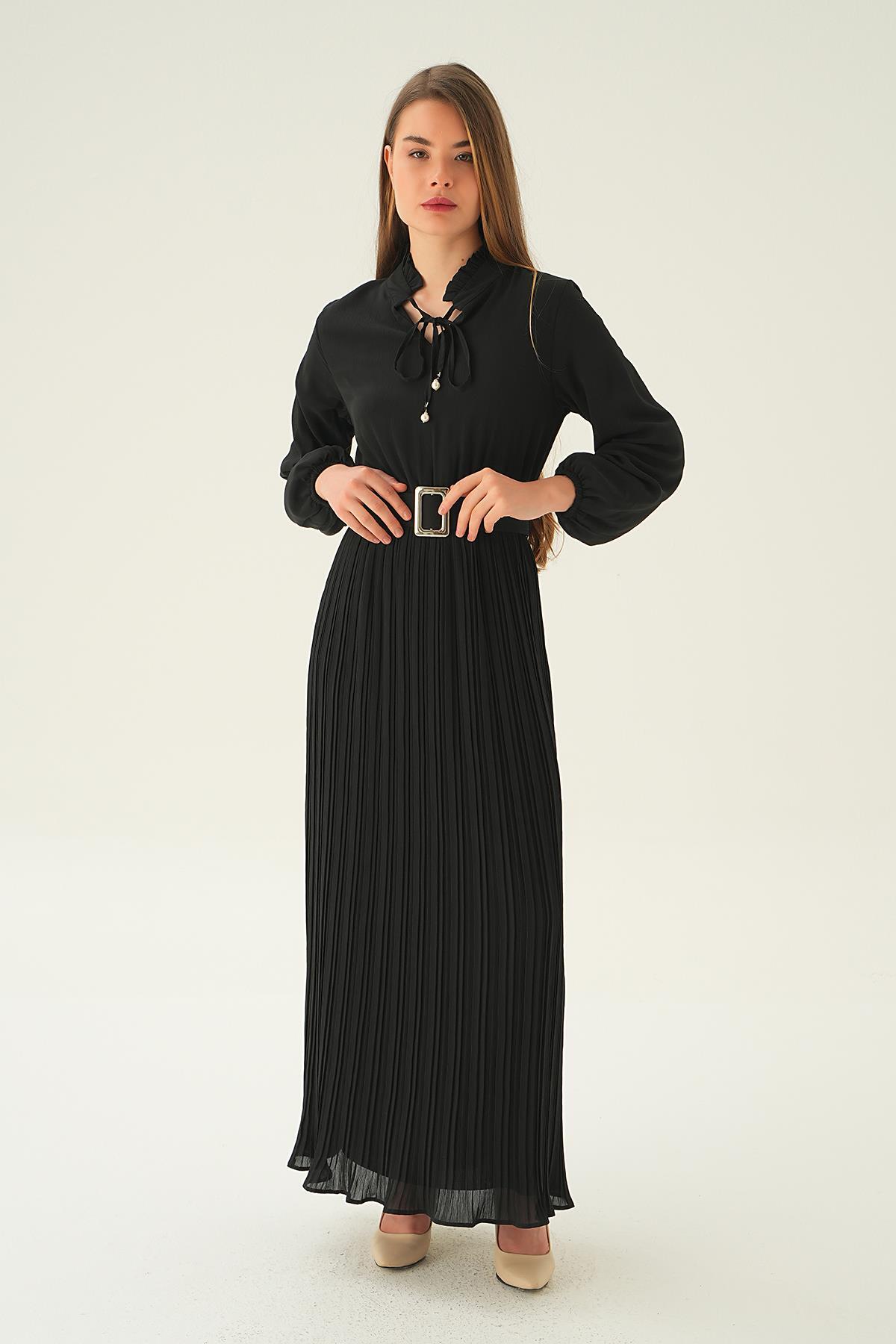 Siyah Pliseli Uzun Elbise 2641 