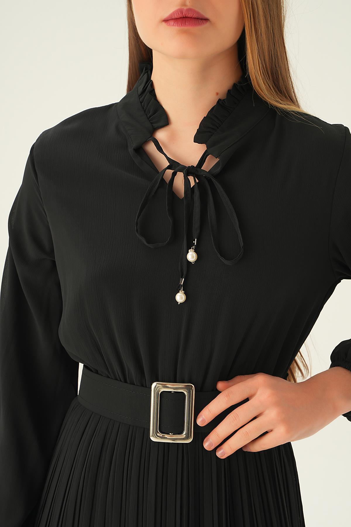 Siyah Pliseli Uzun Elbise 2641 - 5