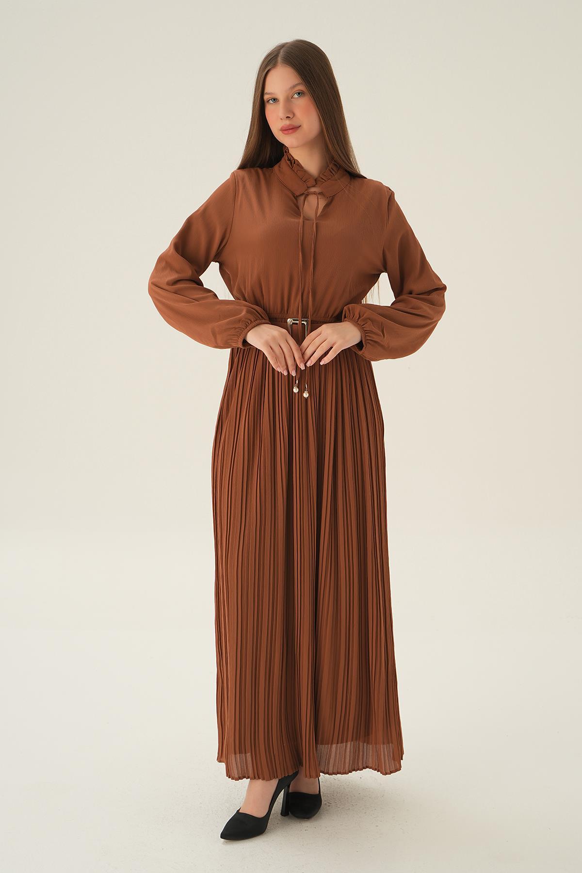 2641 Pliseli Uzun Elbise Taba - 1