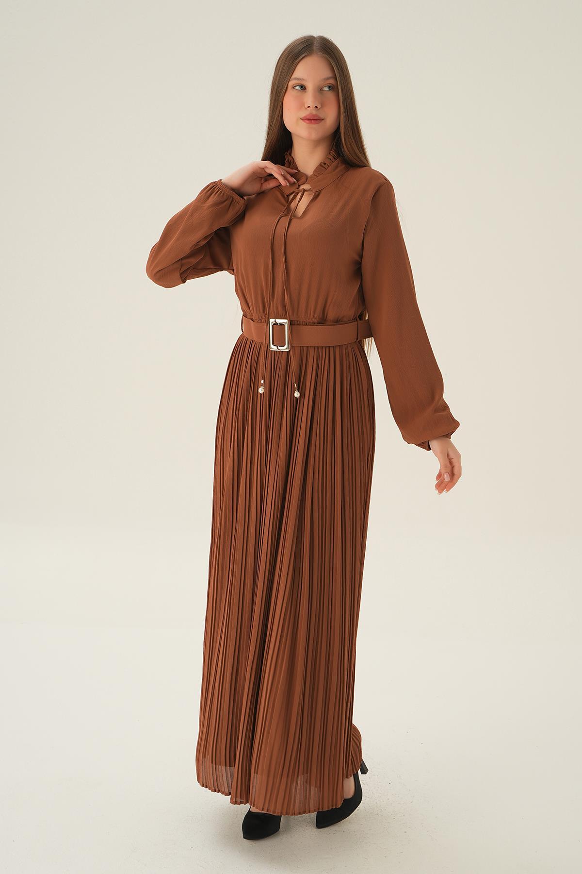 2641 Pliseli Uzun Elbise Taba - 2