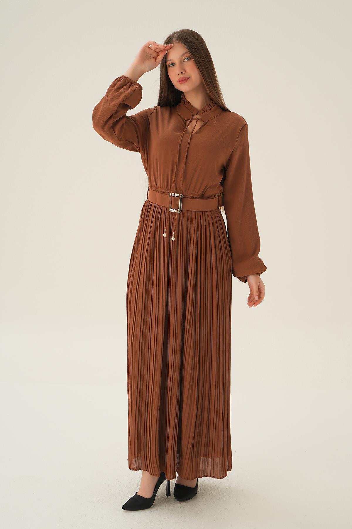 Taba Pliseli Uzun Elbise 2641 - 3