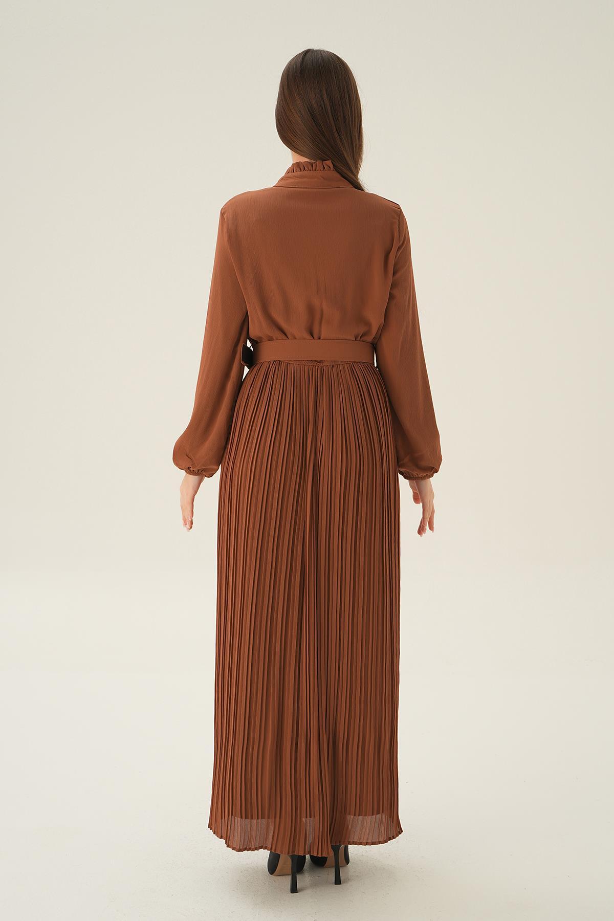 Taba Pliseli Uzun Elbise 2641 - 4