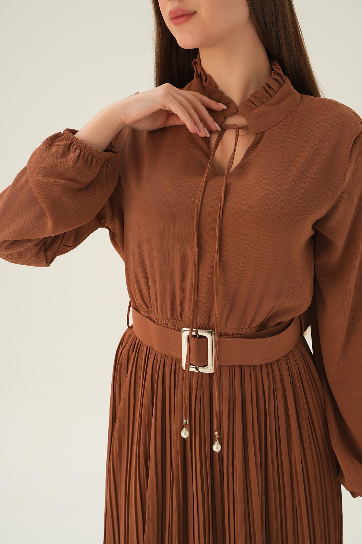 Taba Pliseli Uzun Elbise 2641 - 5