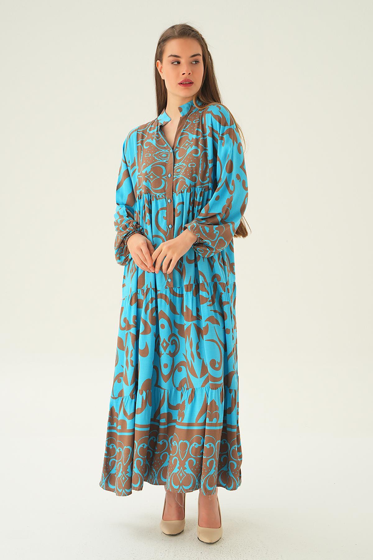 2643 Kruvaze Yaka Desenli Elbise Mavi - 2