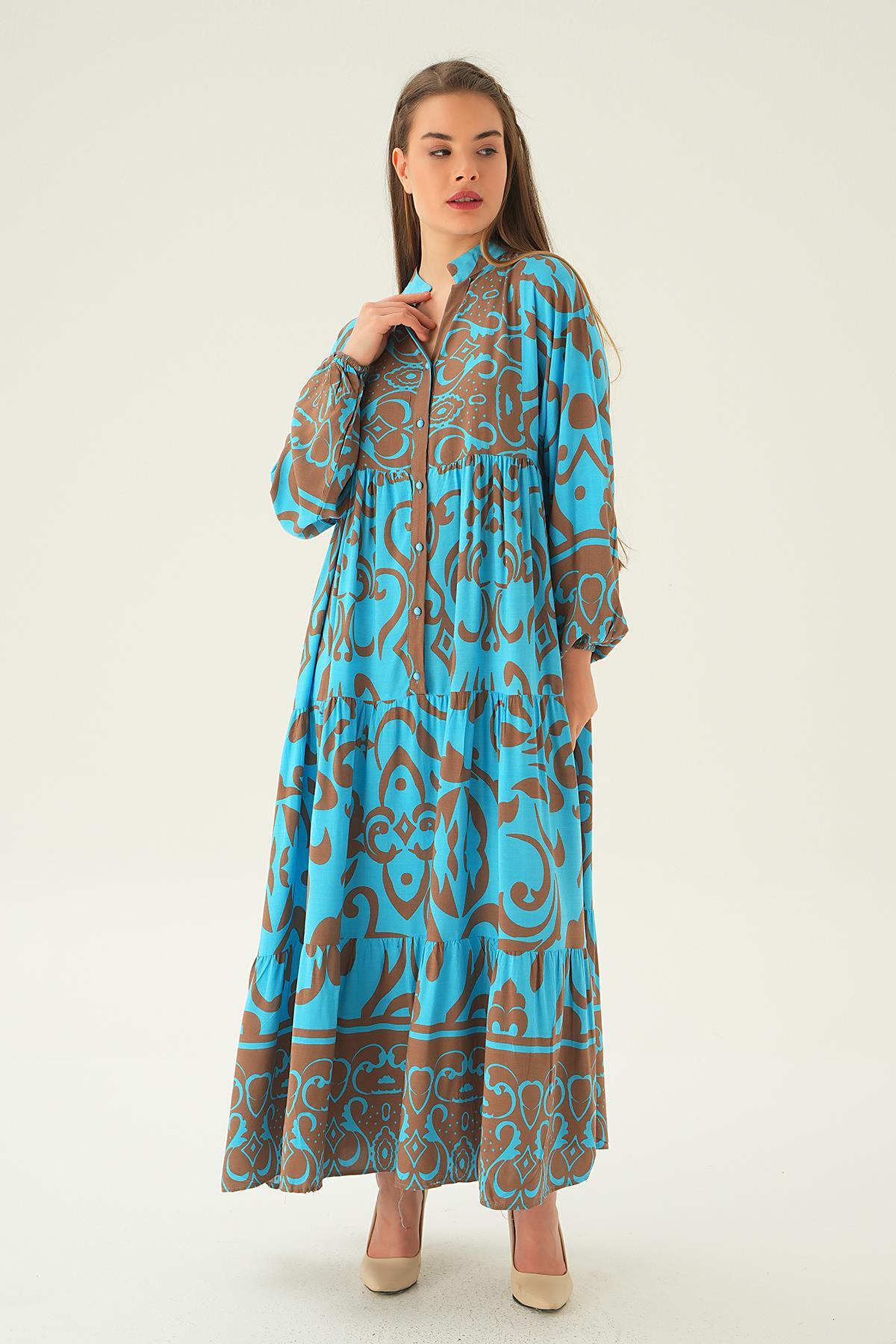 Mavi Kruvaze Yaka Desenli Elbise 2643 - 3