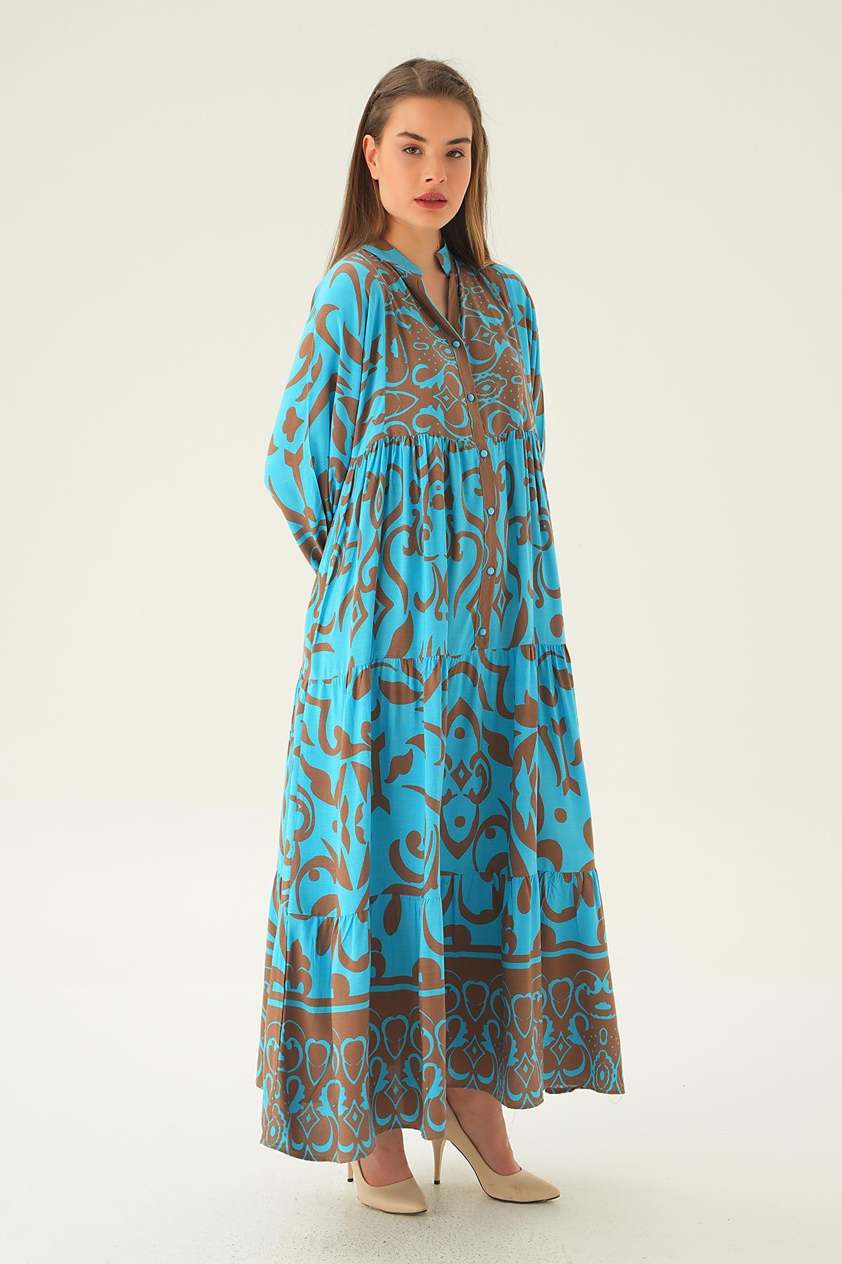 Mavi Kruvaze Yaka Desenli Elbise 2643 - 4