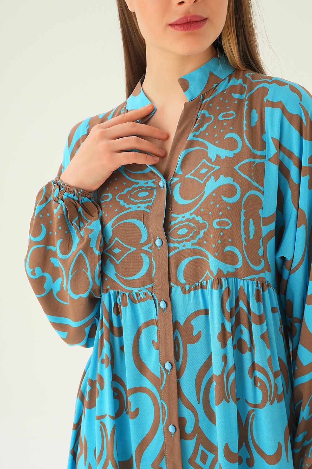 Mavi Kruvaze Yaka Desenli Elbise 2643 - 6