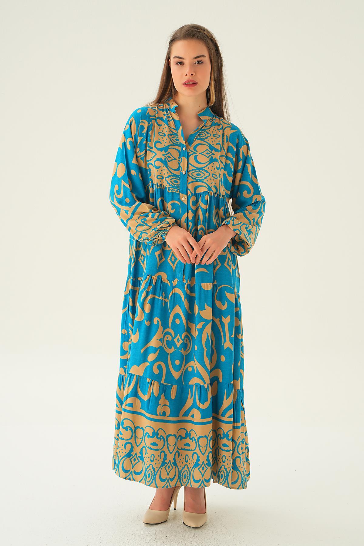 2643 Kruvaze Yaka Desenli Elbise Saks 