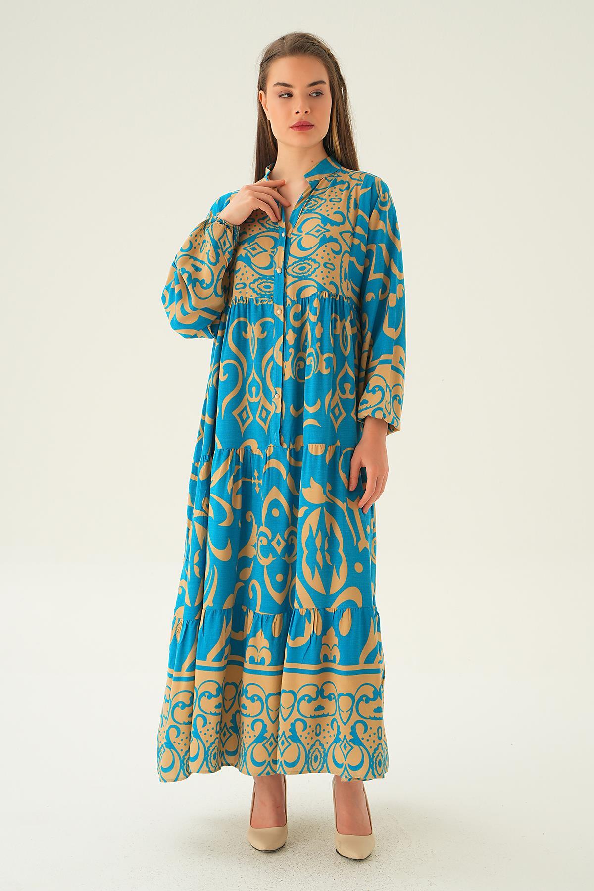 Saks Kruvaze Yaka Desenli Elbise 2643 - 5