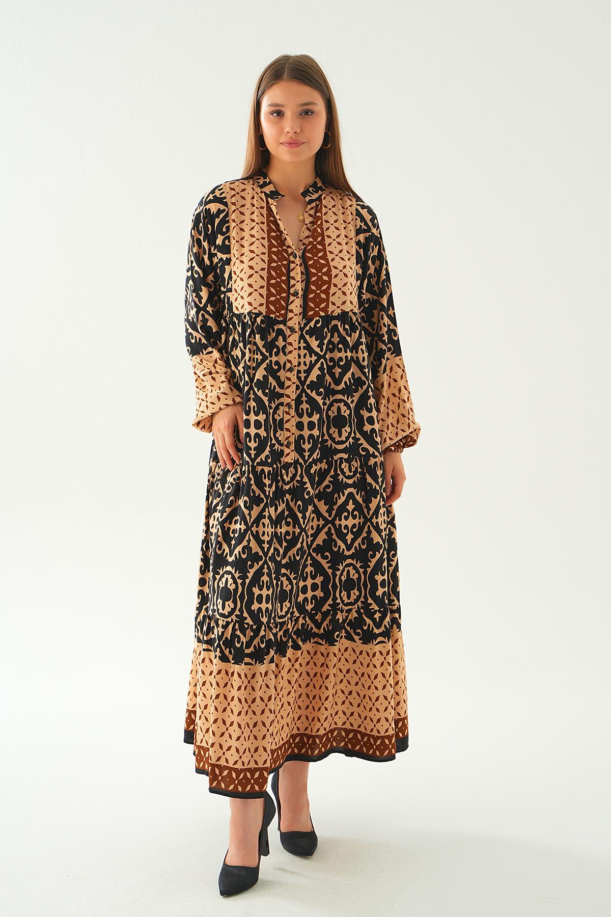 2643 Kuruveza Yaka Desenli Elbise Kahve 