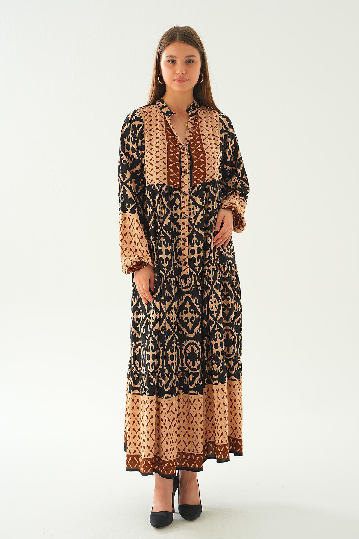 Kahve Kruvaze Yaka Desenli Elbise 2643 - 6