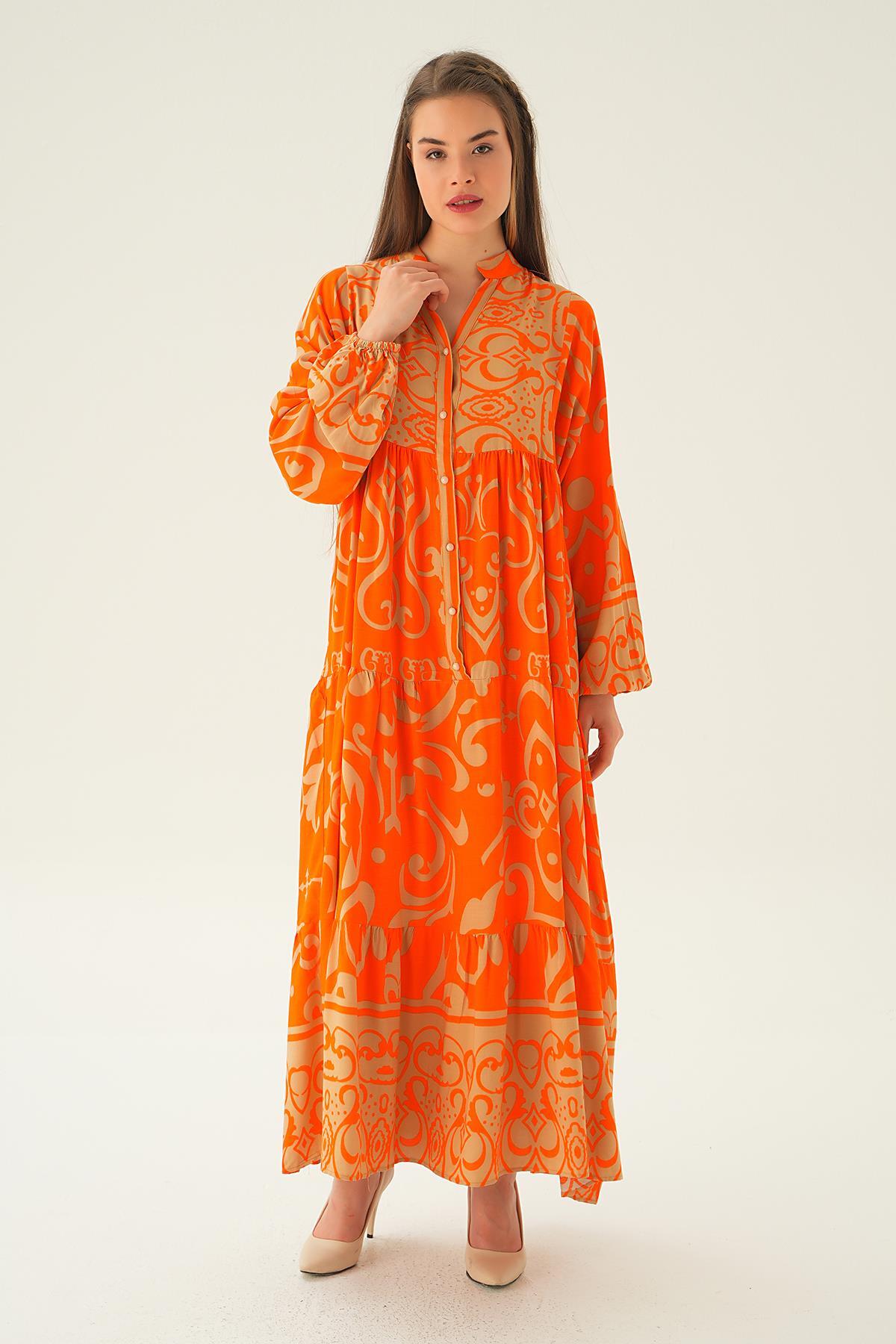 2643 Kuruveza Yaka Desenli Elbise Orange 