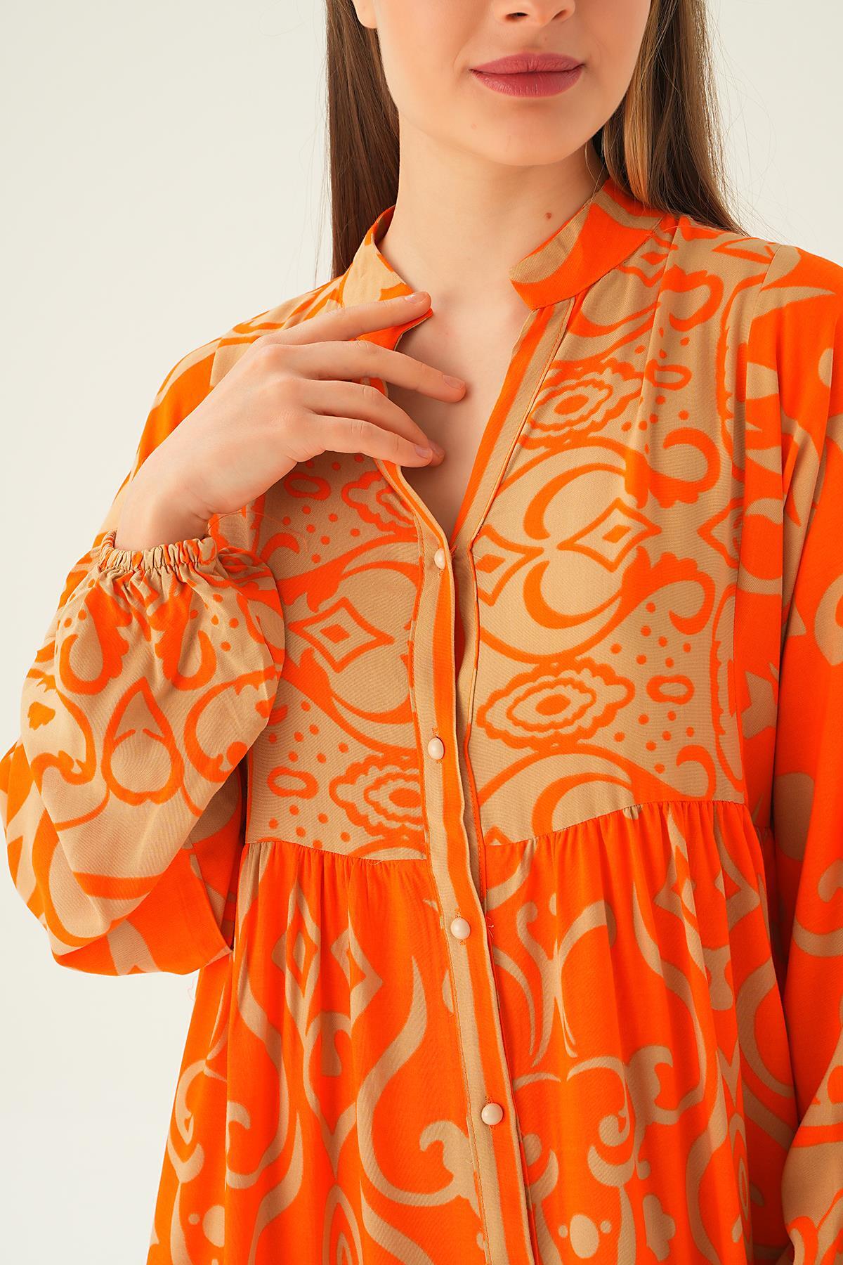 Orange Kruvaze Yaka Desenli Elbise 2643 - 2