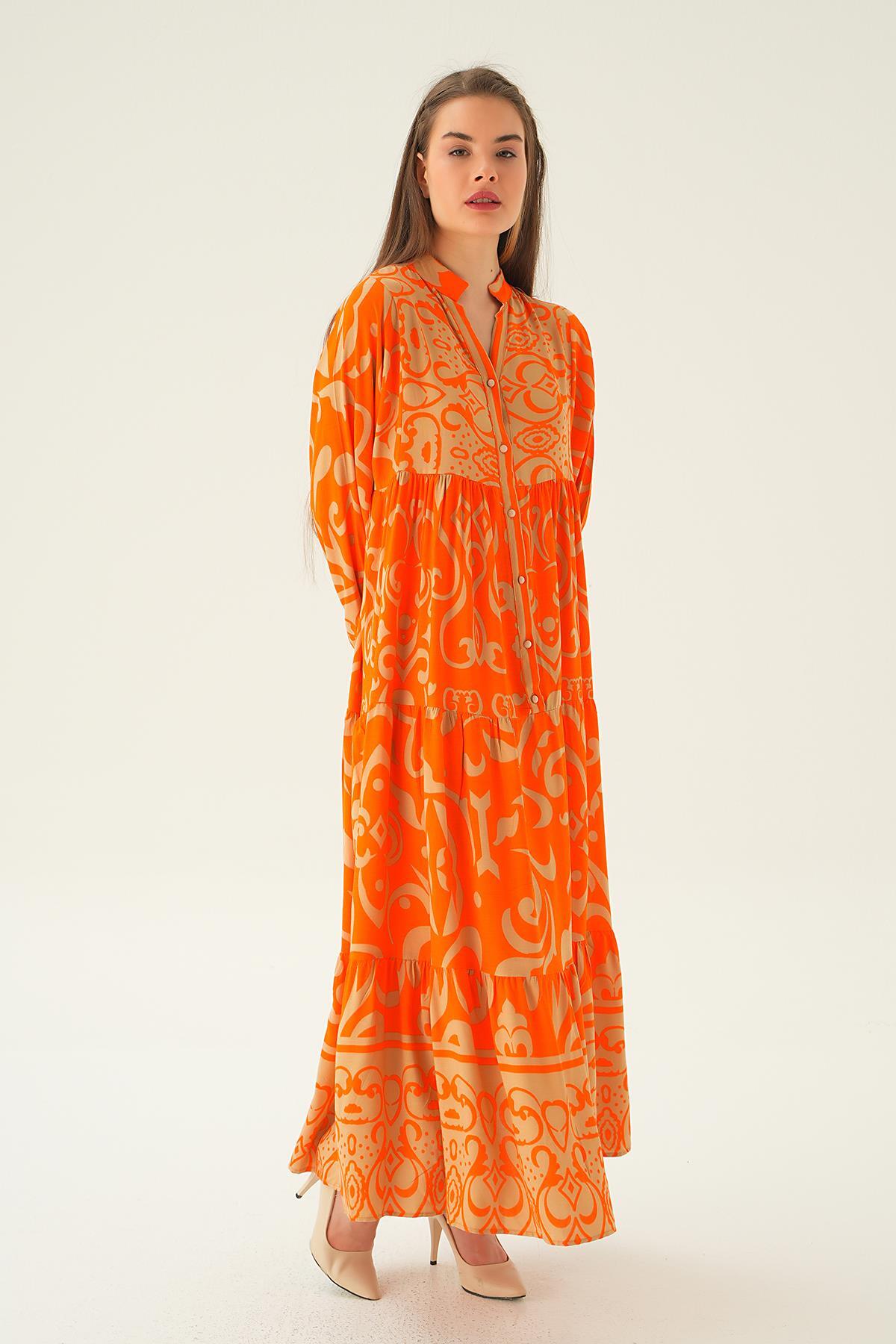 Orange Kruvaze Yaka Desenli Elbise 2643 - 3