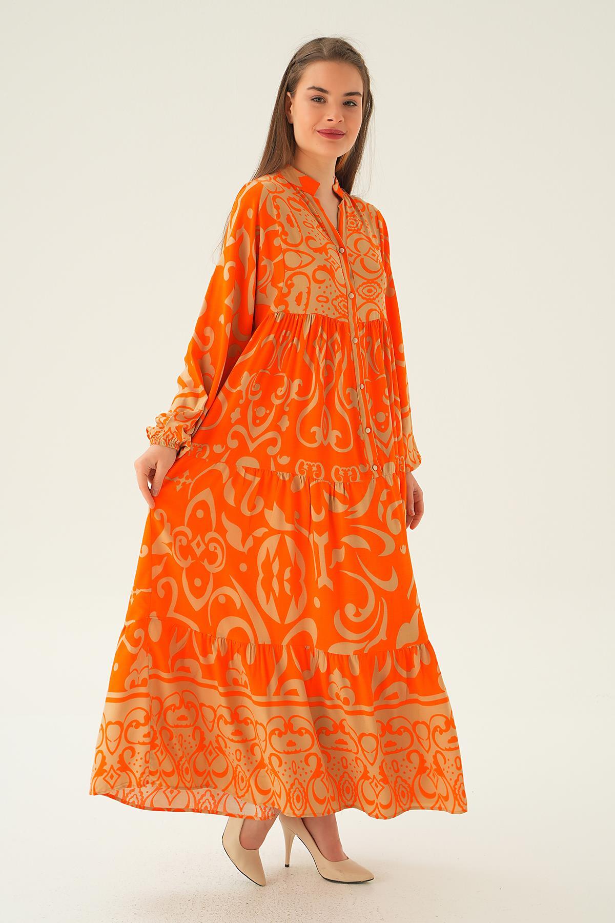 Orange Kruvaze Yaka Desenli Elbise 2643 - 4