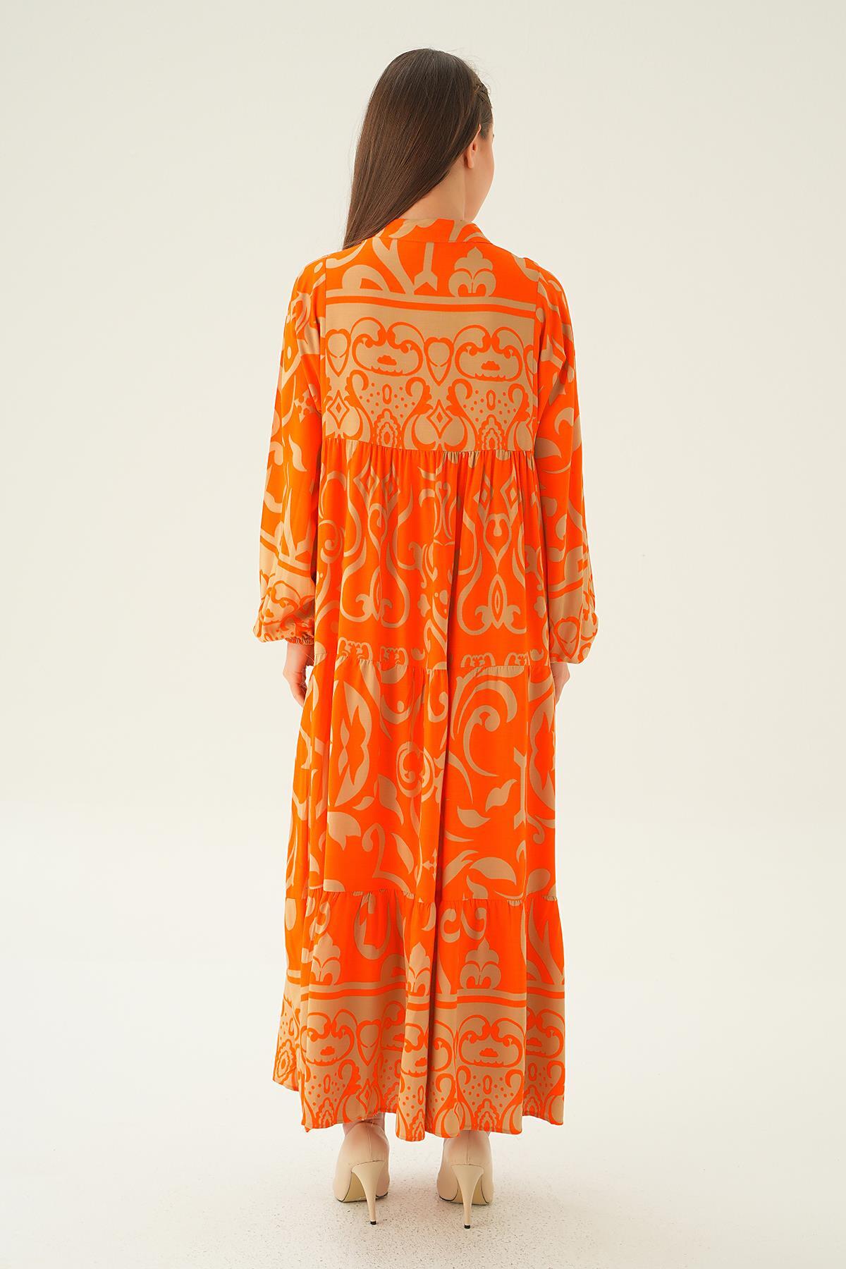 Orange Kruvaze Yaka Desenli Elbise 2643 - 5