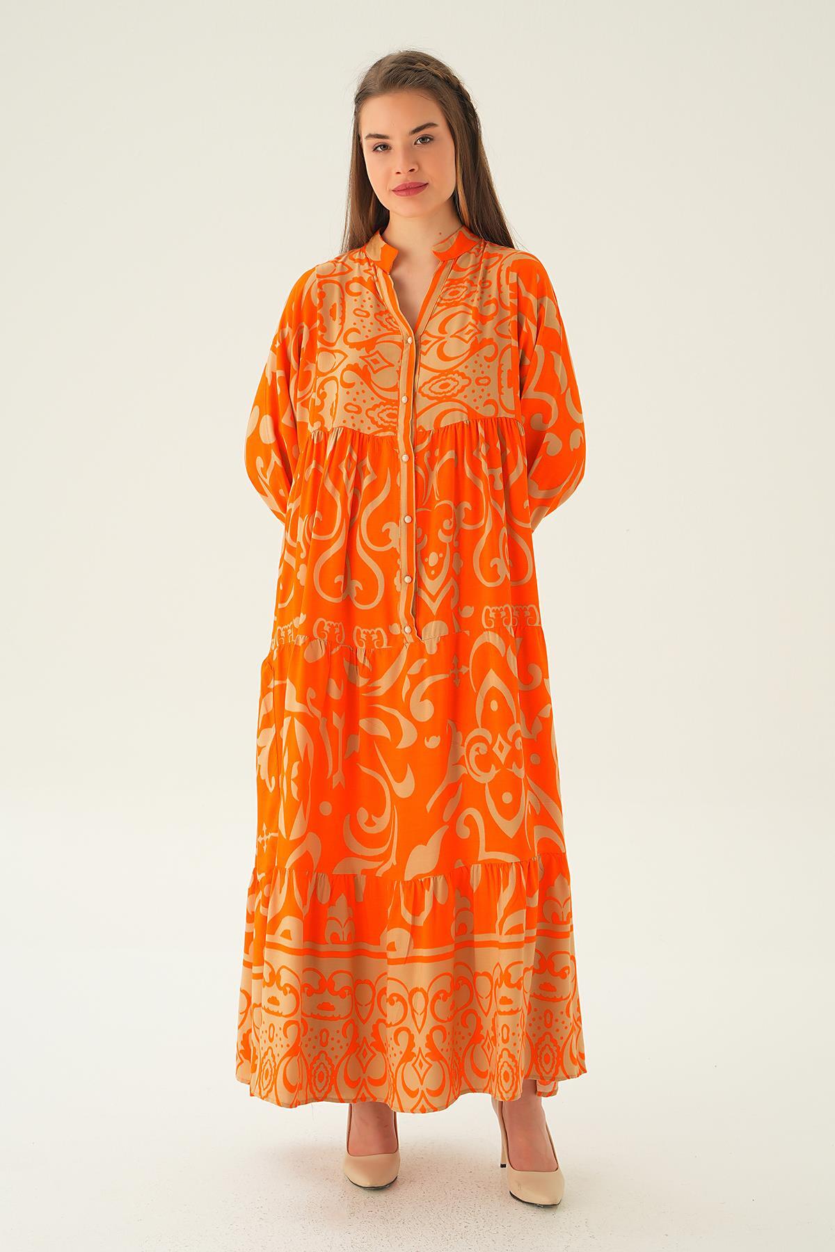Orange Kruvaze Yaka Desenli Elbise 2643 - 6