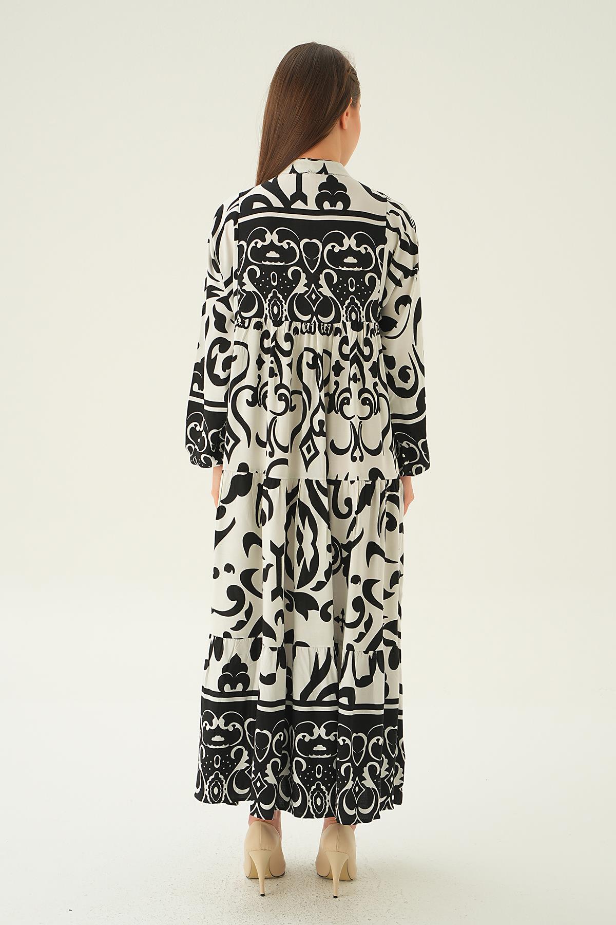 2643 Kuruveza Yaka Desenli Elbise Siyah - 5