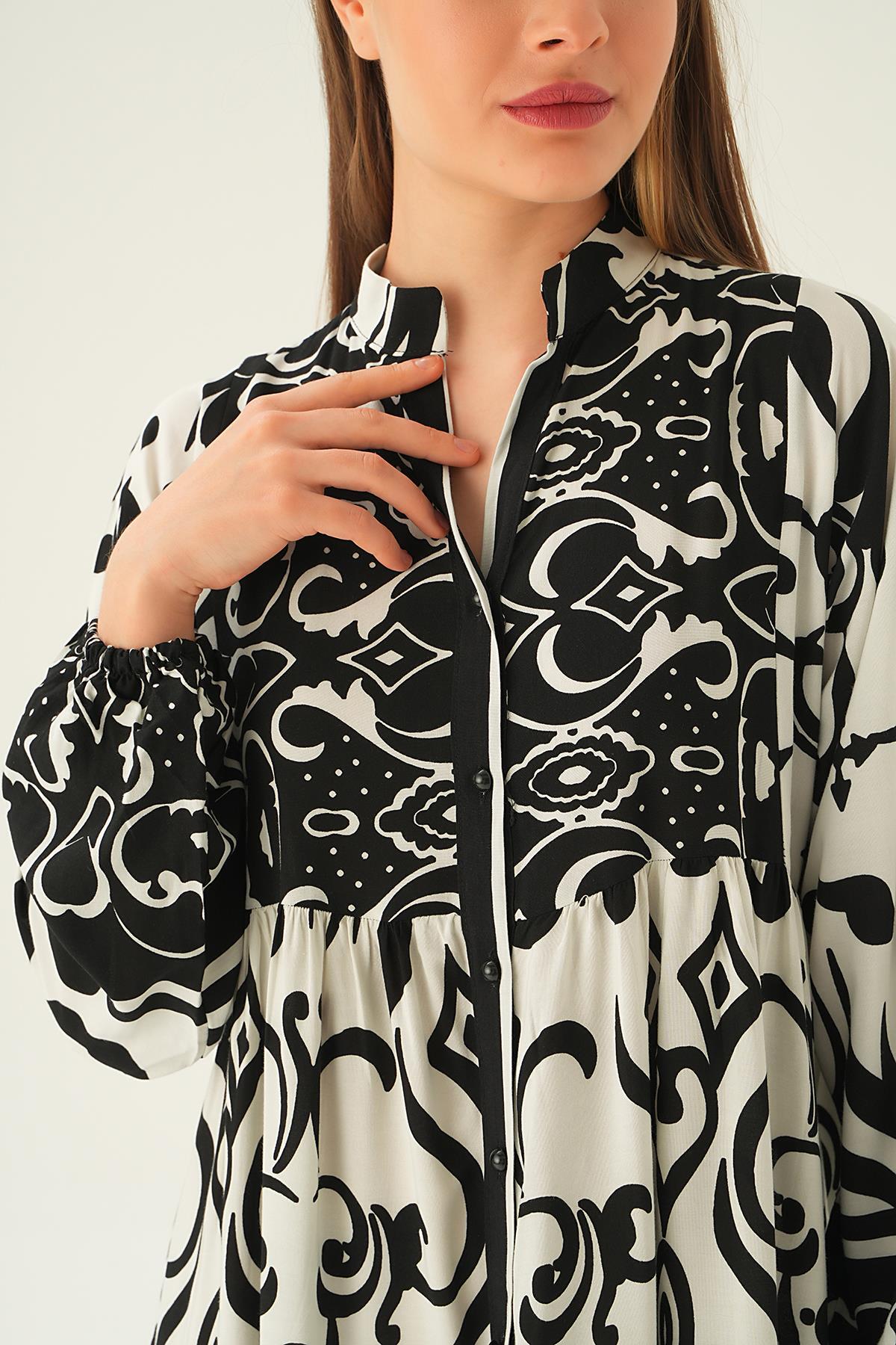 2643 Kuruveza Yaka Desenli Elbise Siyah - 6