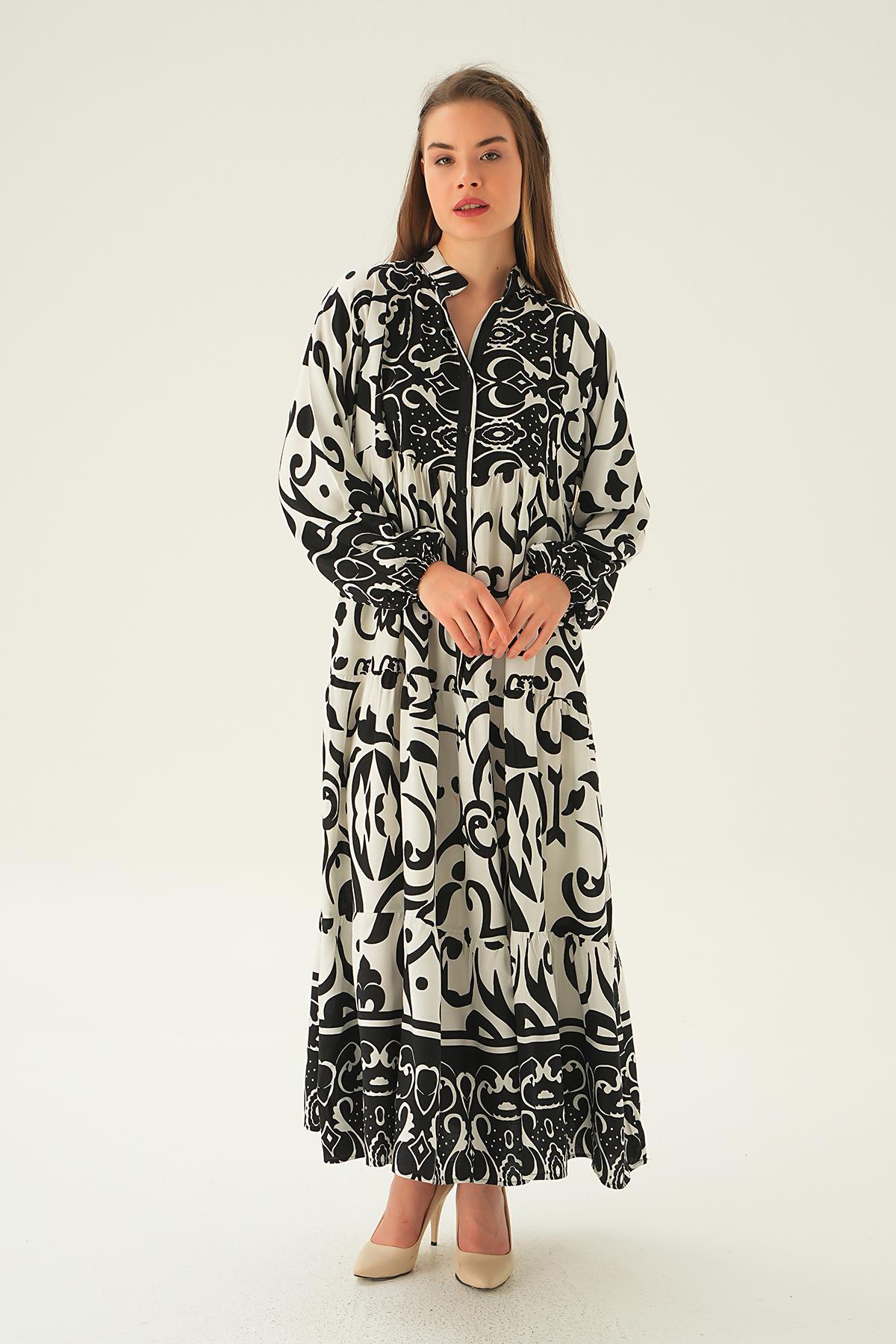 2643 Kuruveza Yaka Desenli Elbise Siyah - 2