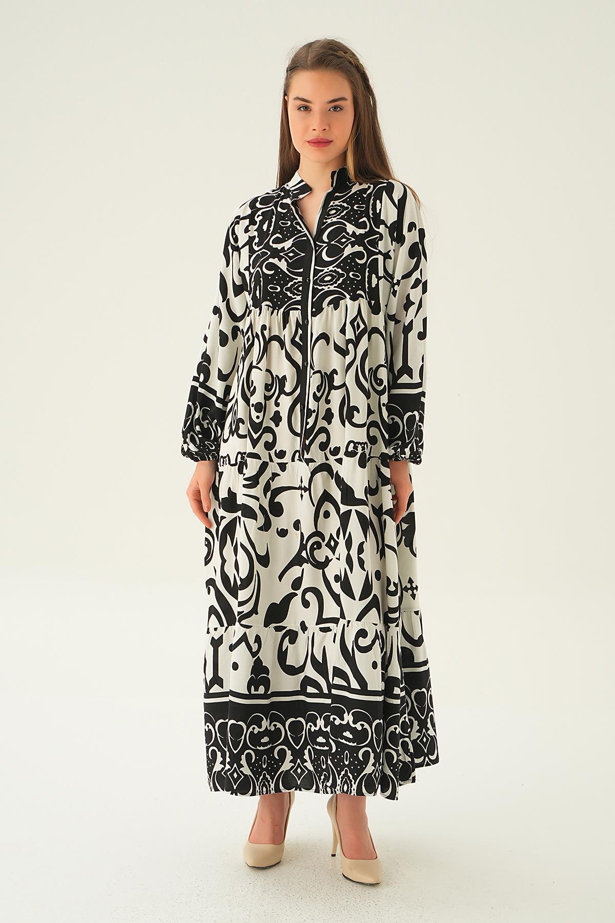 2643 Kuruveza Yaka Desenli Elbise Siyah - 3