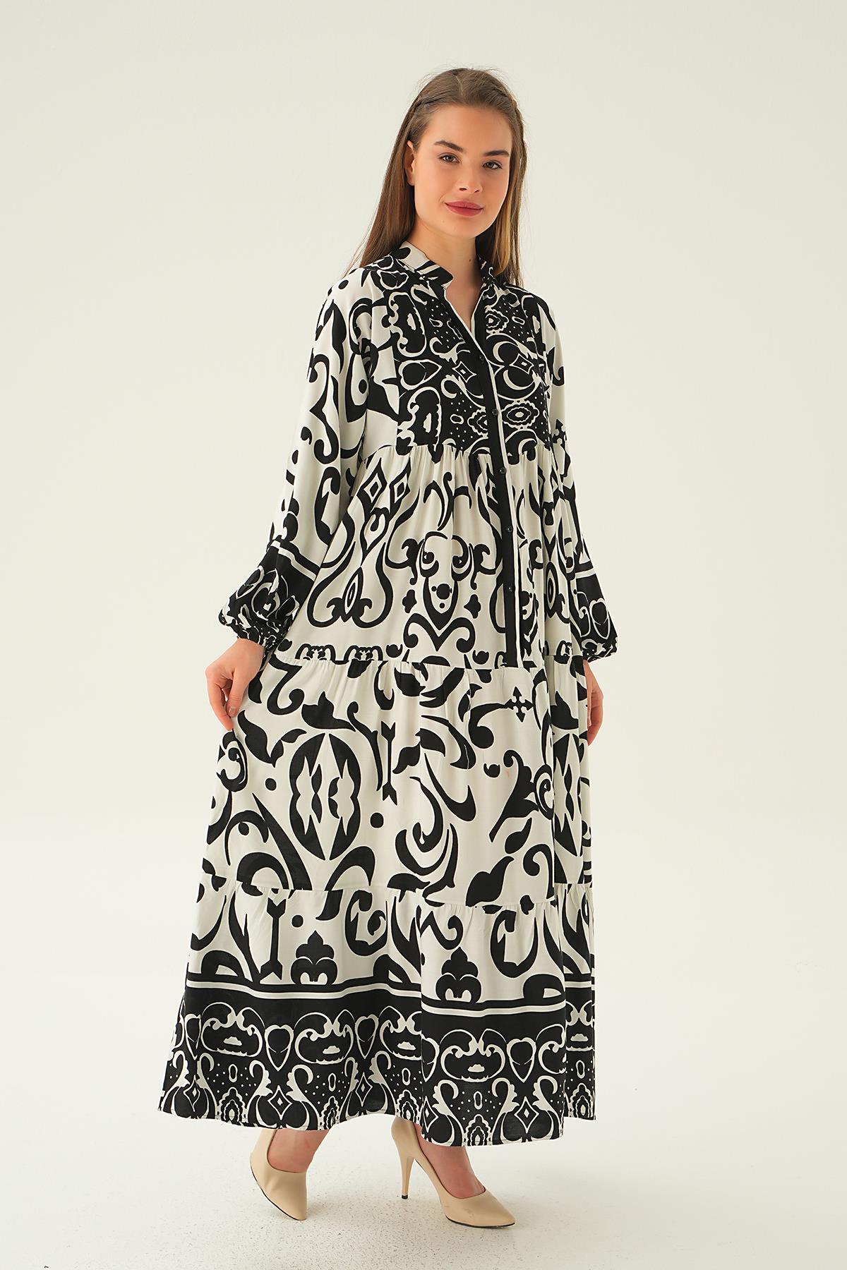 2643 Kuruveza Yaka Desenli Elbise Siyah - 4