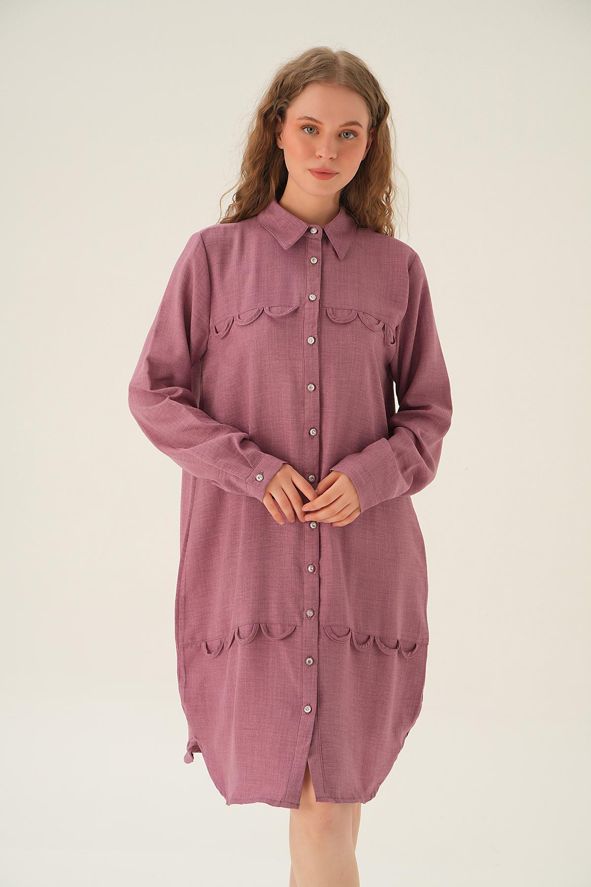 26515 Göğüs Etek Detay Tunik Gül - 1