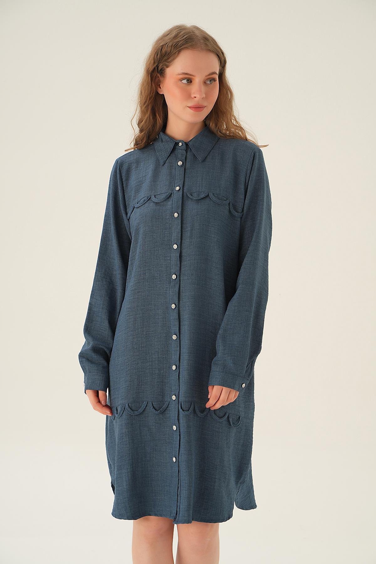 26515 Göğüs Etek Detay Tunik İndigo 