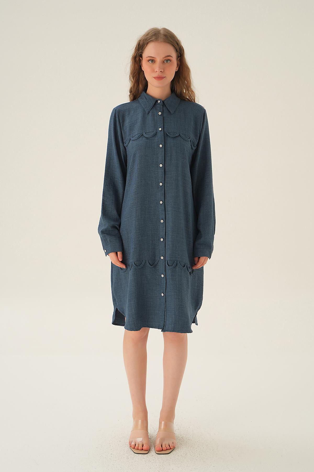 26515 Göğüs Etek Detay Tunik İndigo - 5