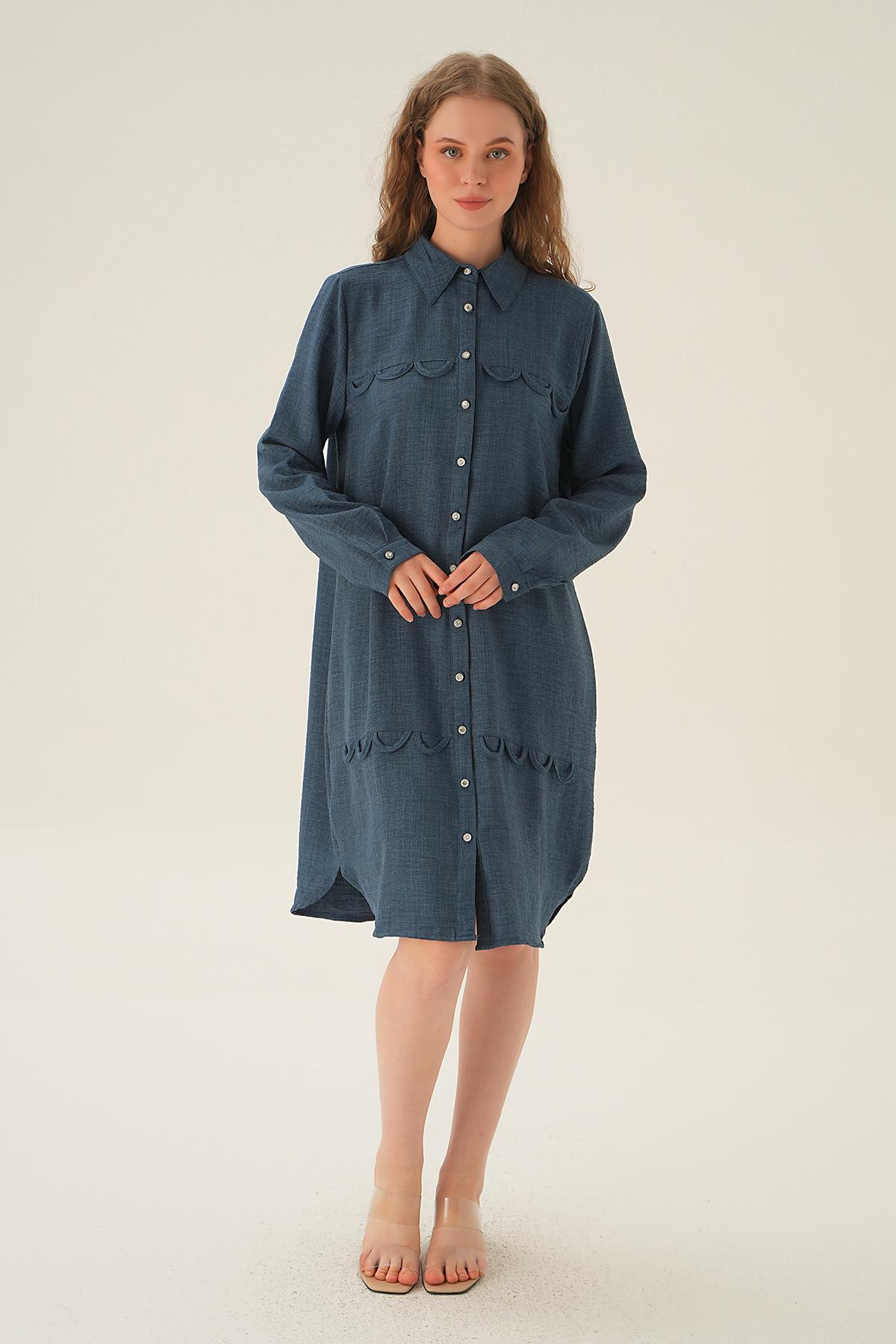 26515 Göğüs Etek Detay Tunik İndigo - 6