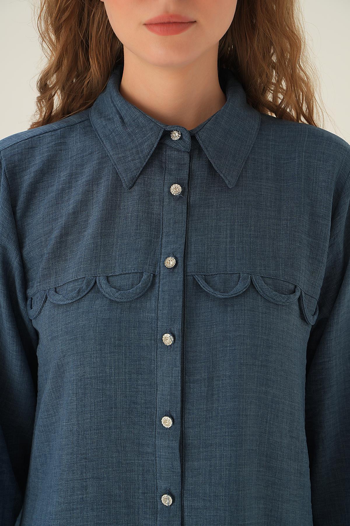 26515 Göğüs Etek Detay Tunik İndigo - 4