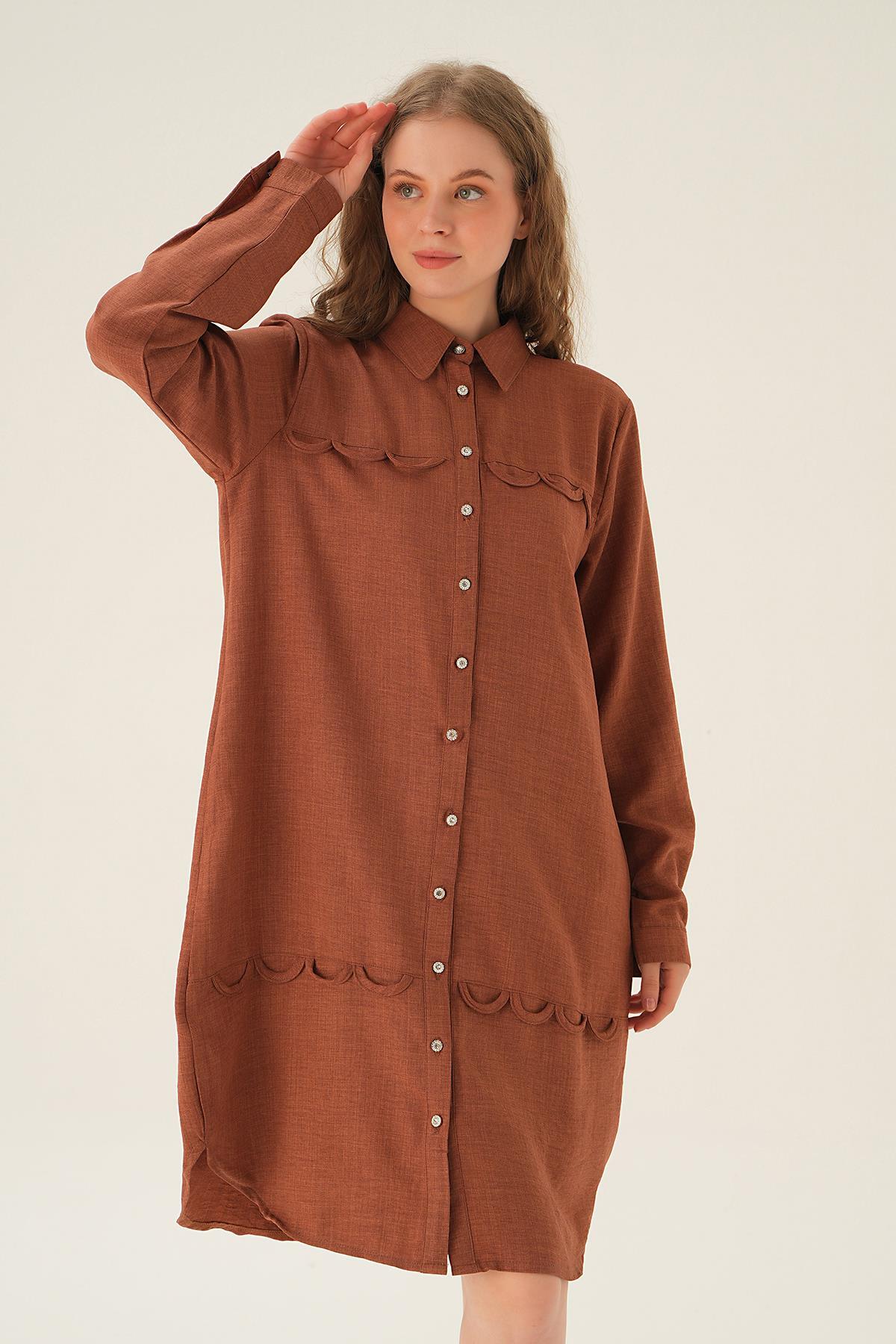 26515 Göğüs Etek Detay Tunik Kahve - 2