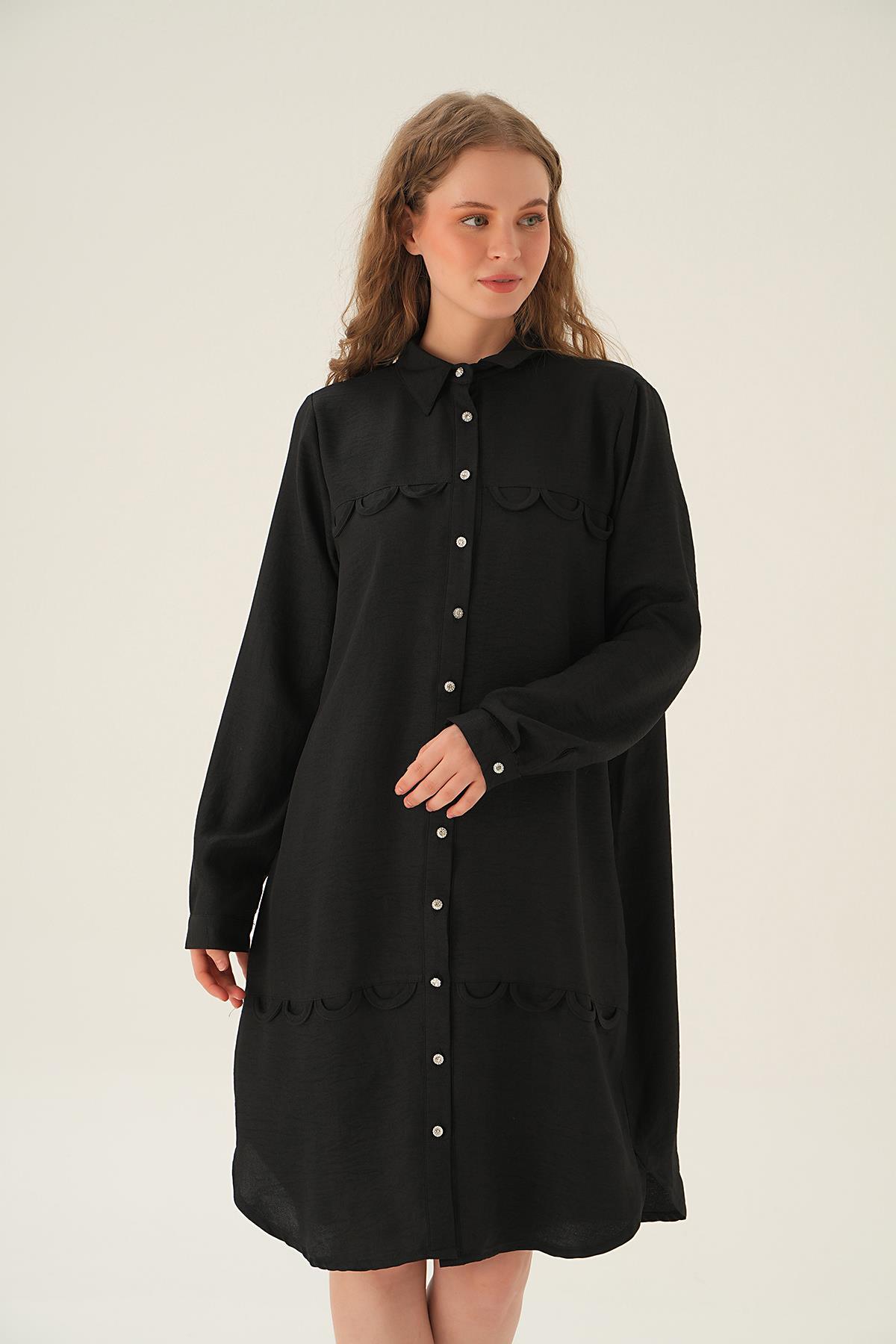 26515 Göğüs Etek Detay Tunik Siyah - 6