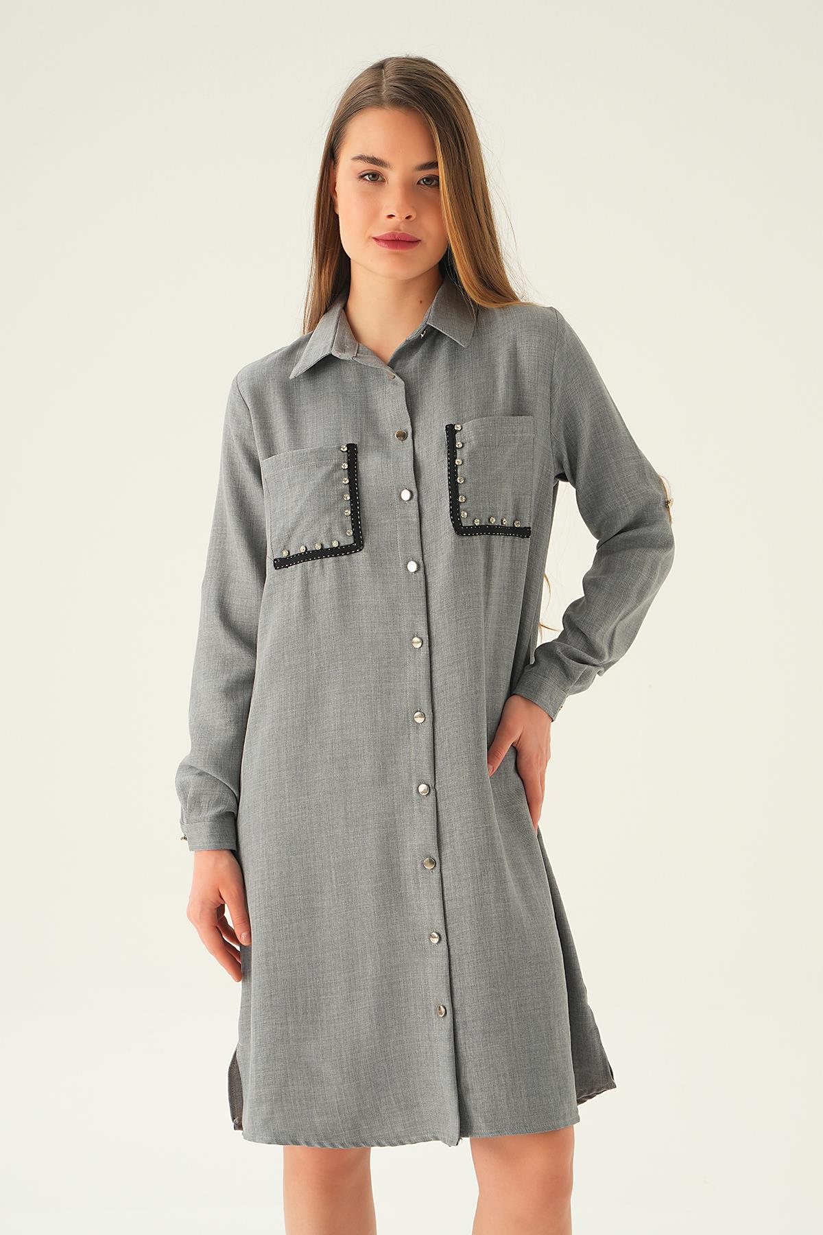 26523 Cep Taş Detay Tunik Gri - 1