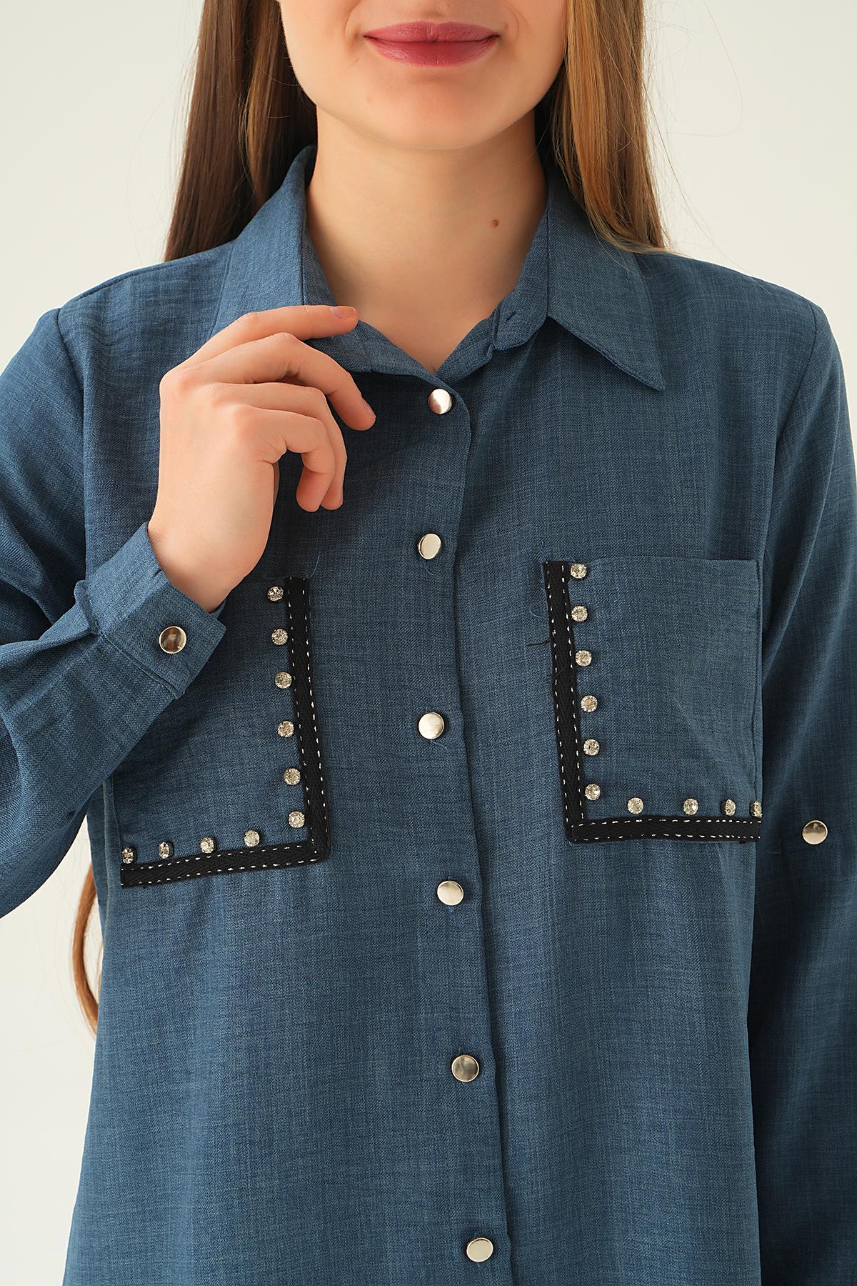 26523 Cep Taş Detay Tunik İndigo - 2