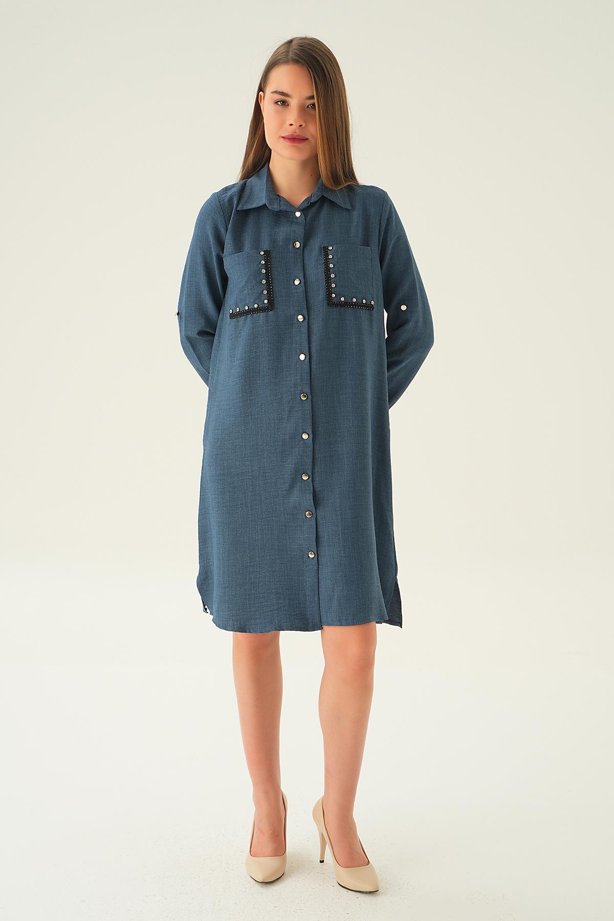 26523 Cep Taş Detay Tunik İndigo - 3