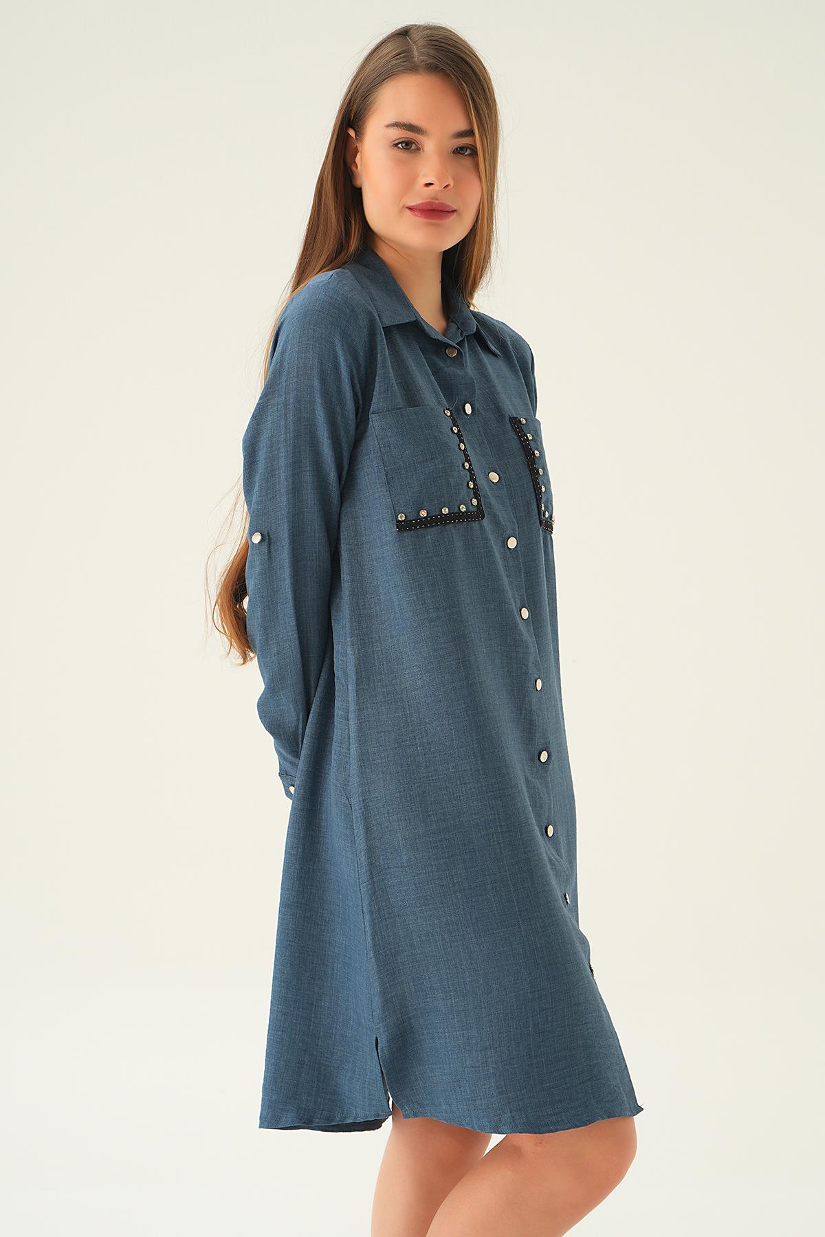 26523 Cep Taş Detay Tunik İndigo - 4