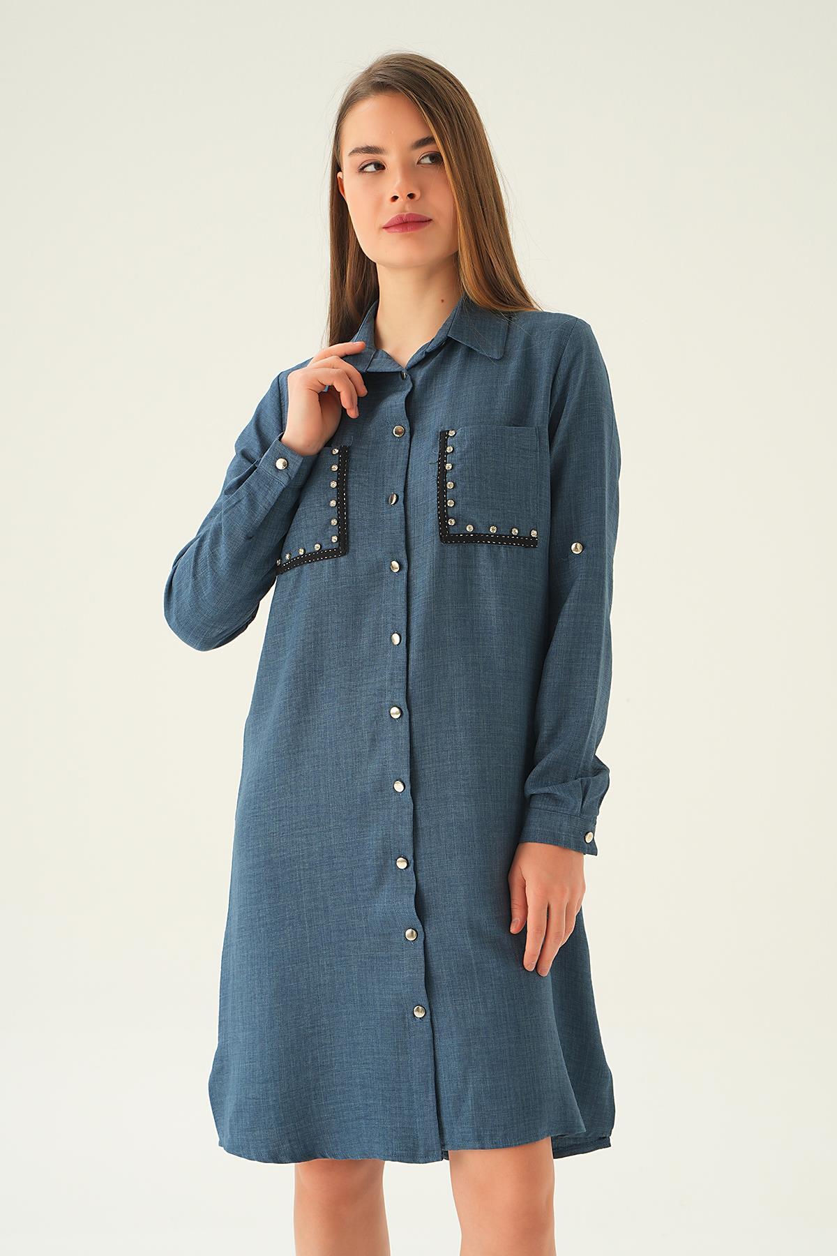 İndigo Cep Taş Detay Tunik 26523 - 1