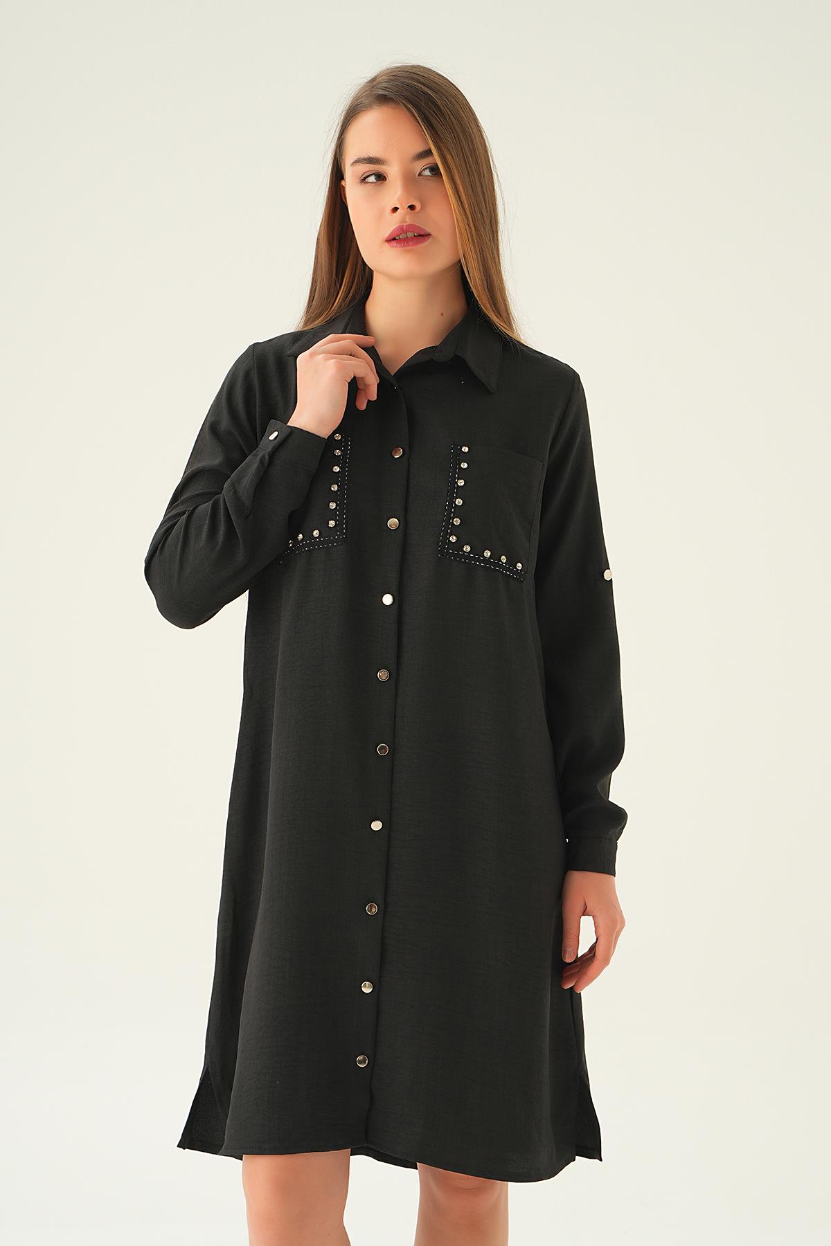 26523 Cep Taş Detay Tunik Siyah - 1