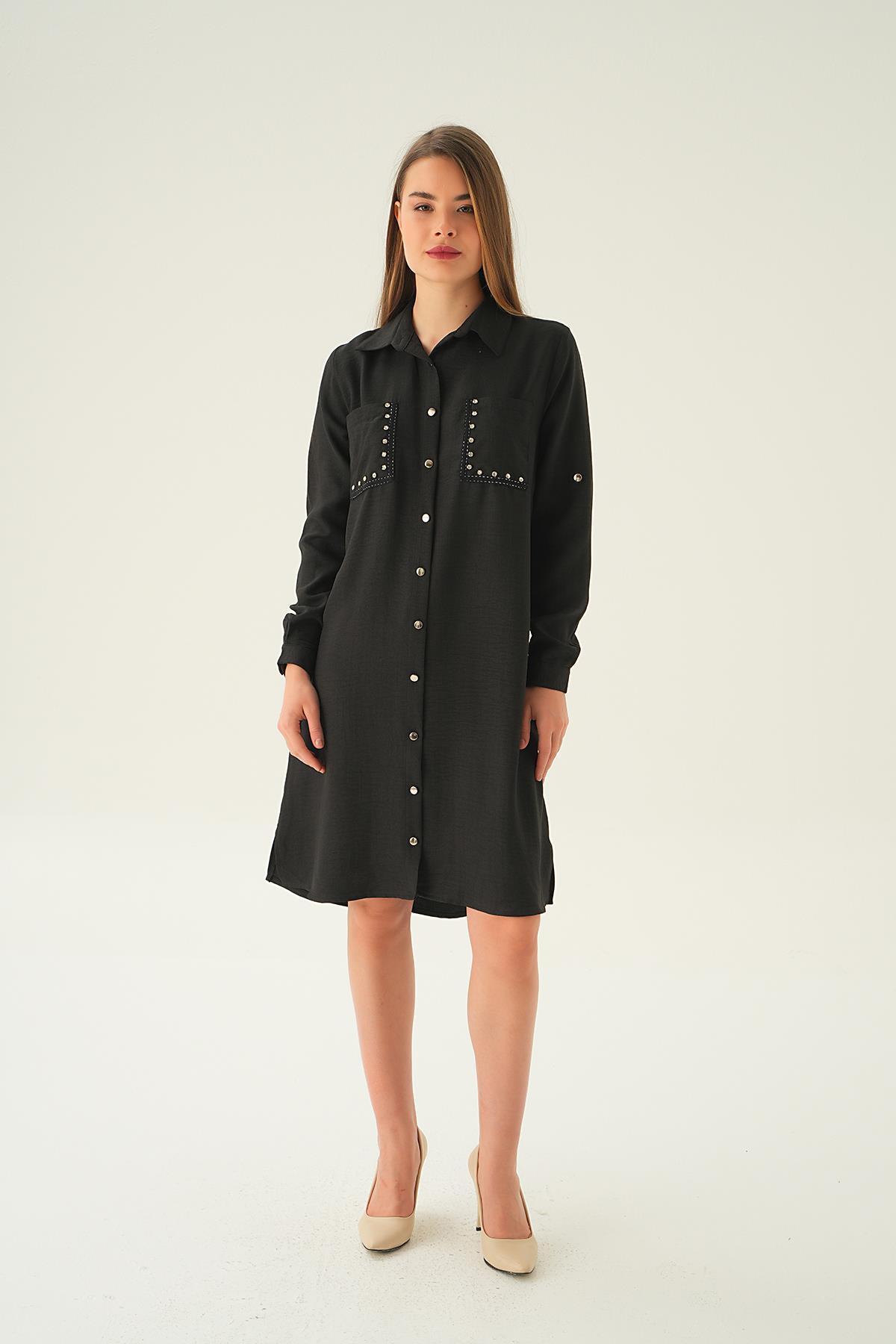 26523 Cep Taş Detay Tunik Siyah - 5