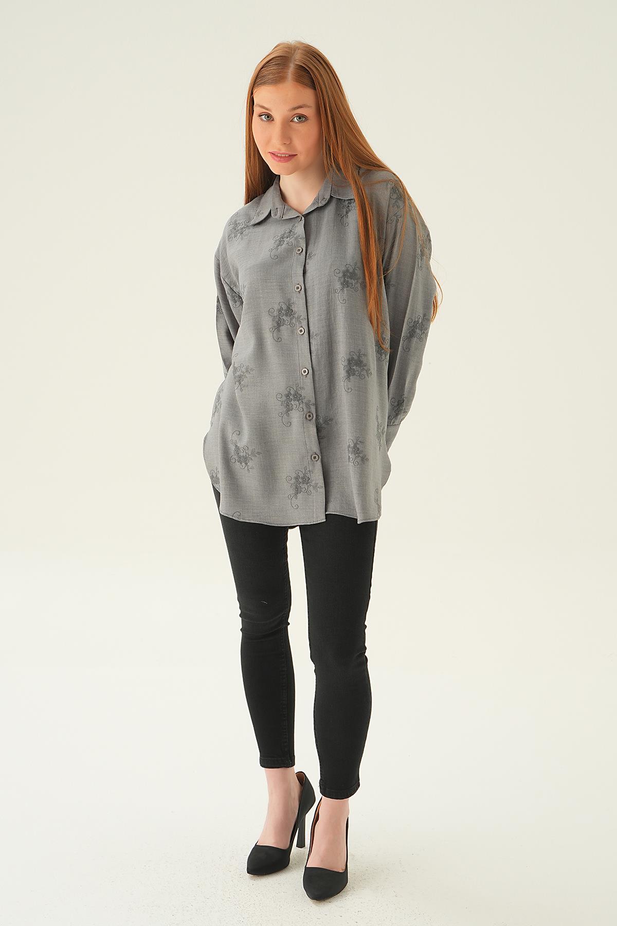 26528 Nakışlı Gömlek Gri - 2