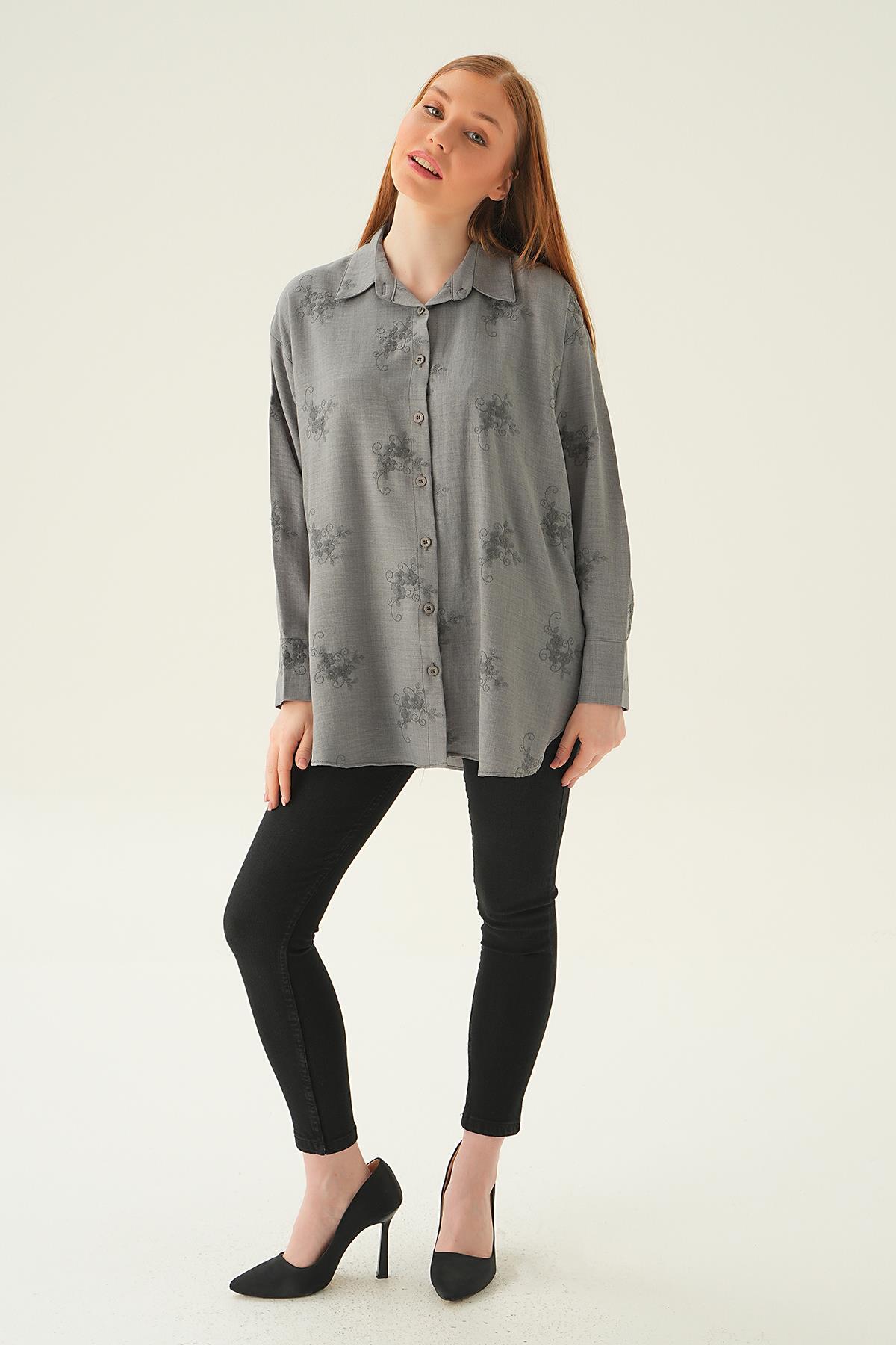 26528 Nakışlı Gömlek Gri - 6