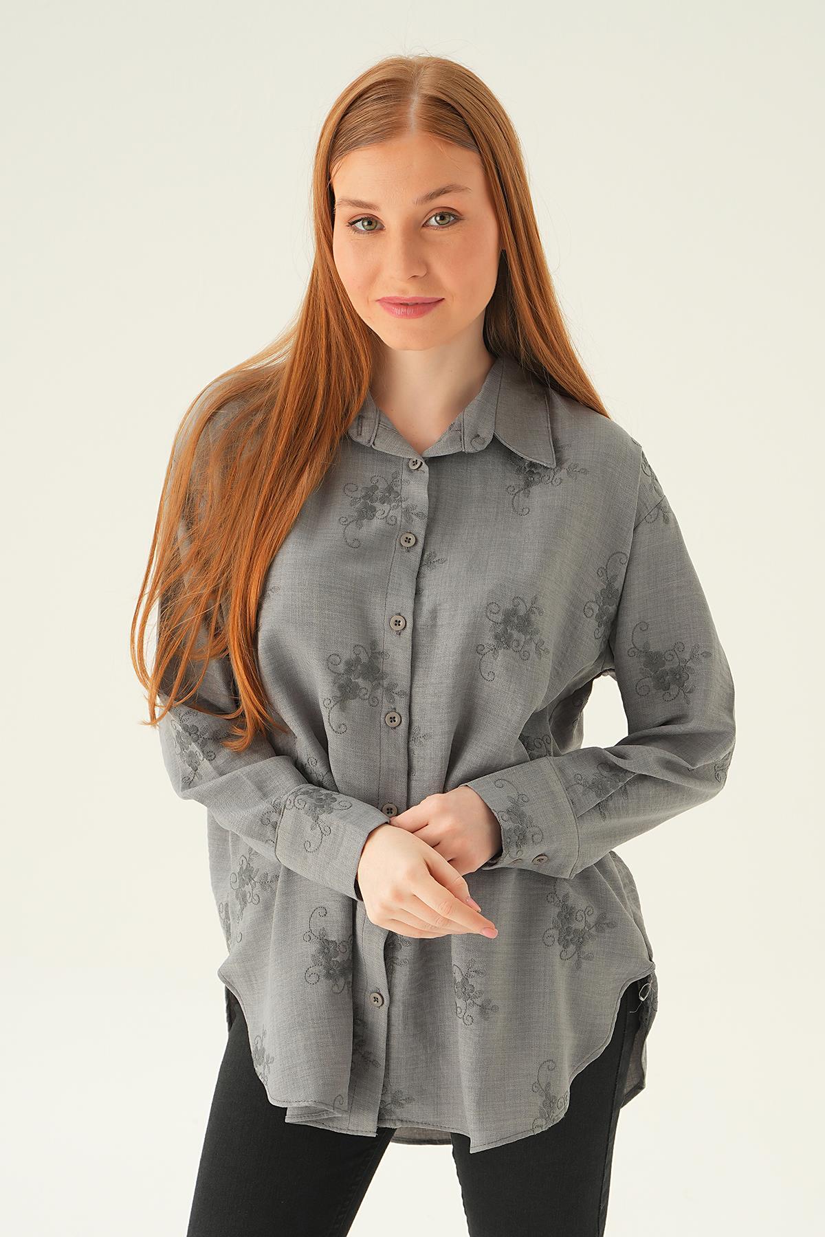 Gri Nakışlı Gömlek 26528 - 1